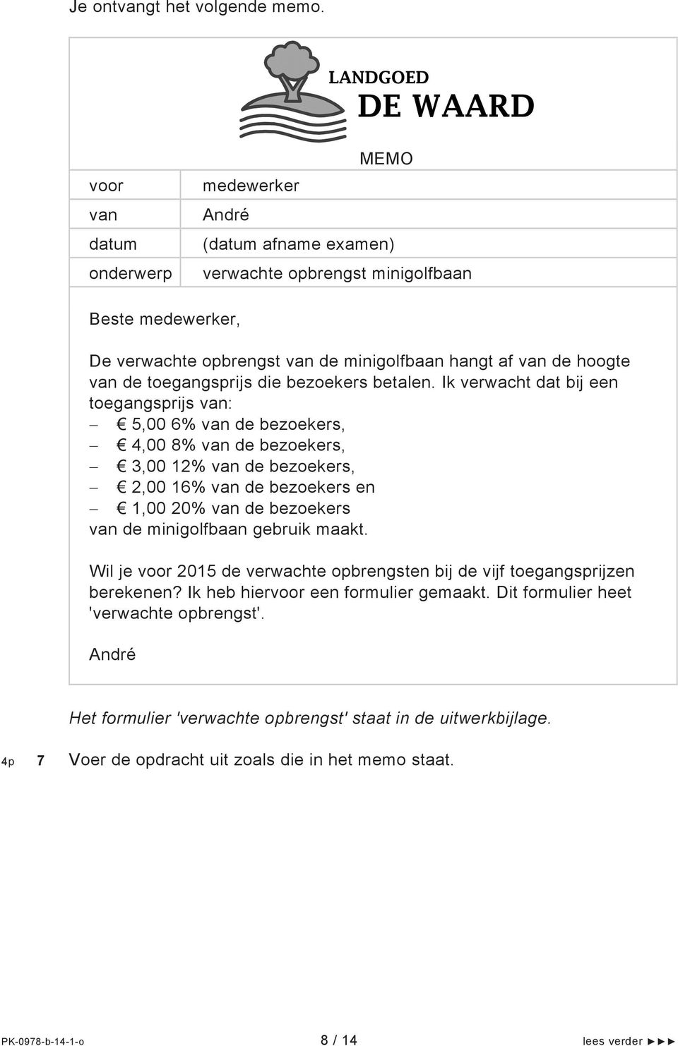 Ik verwacht dat bij een toegangsprijs : 5,00 6% de bezoekers, 4,00 8% de bezoekers, 3,00 12% de bezoekers, 2,00 16% de bezoekers en 1,00 20% de bezoekers de minigolfbaan