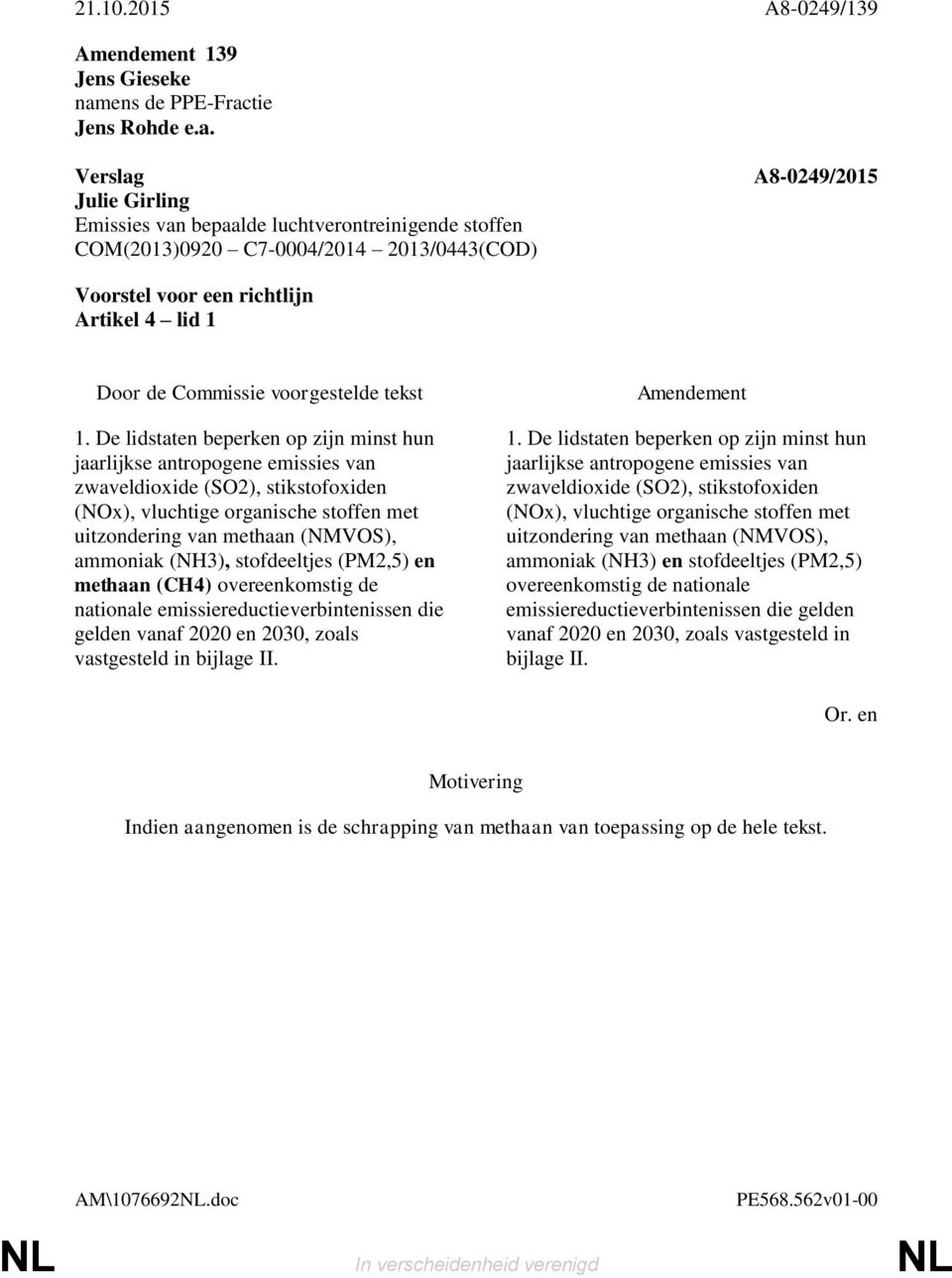 (NH3), stofdeeltjes (PM2,5) en methaan (CH4) overeenkomstig de nationale emissiereductieverbintenissen die gelden 2020 en 2030, zoals vastgesteld in bijlage II. 1.