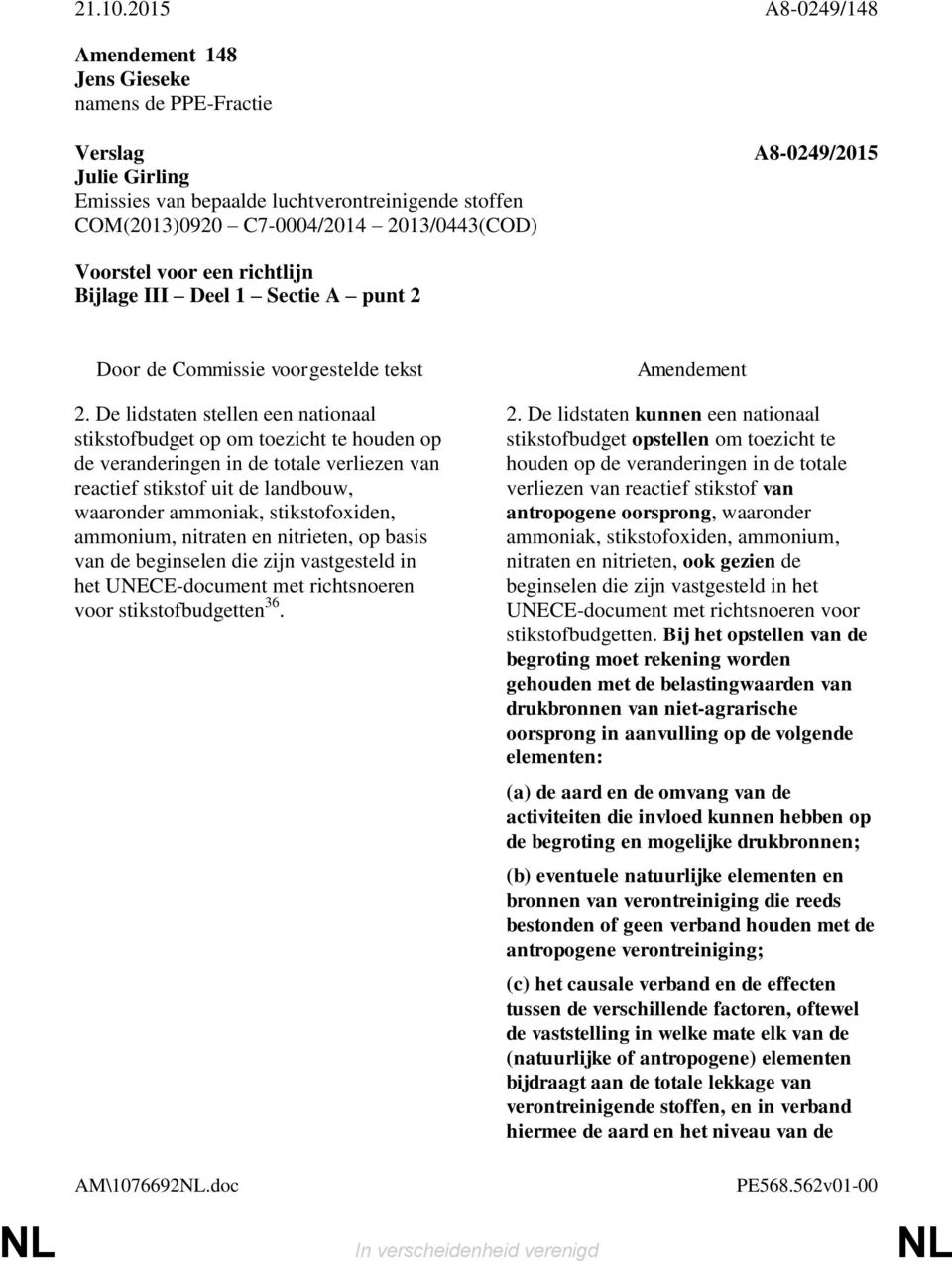 ammonium, nitraten en nitrieten, op basis van de beginselen die zijn vastgesteld in het UNECE-document met richtsnoeren voor stikstofbudgetten 36. 2.