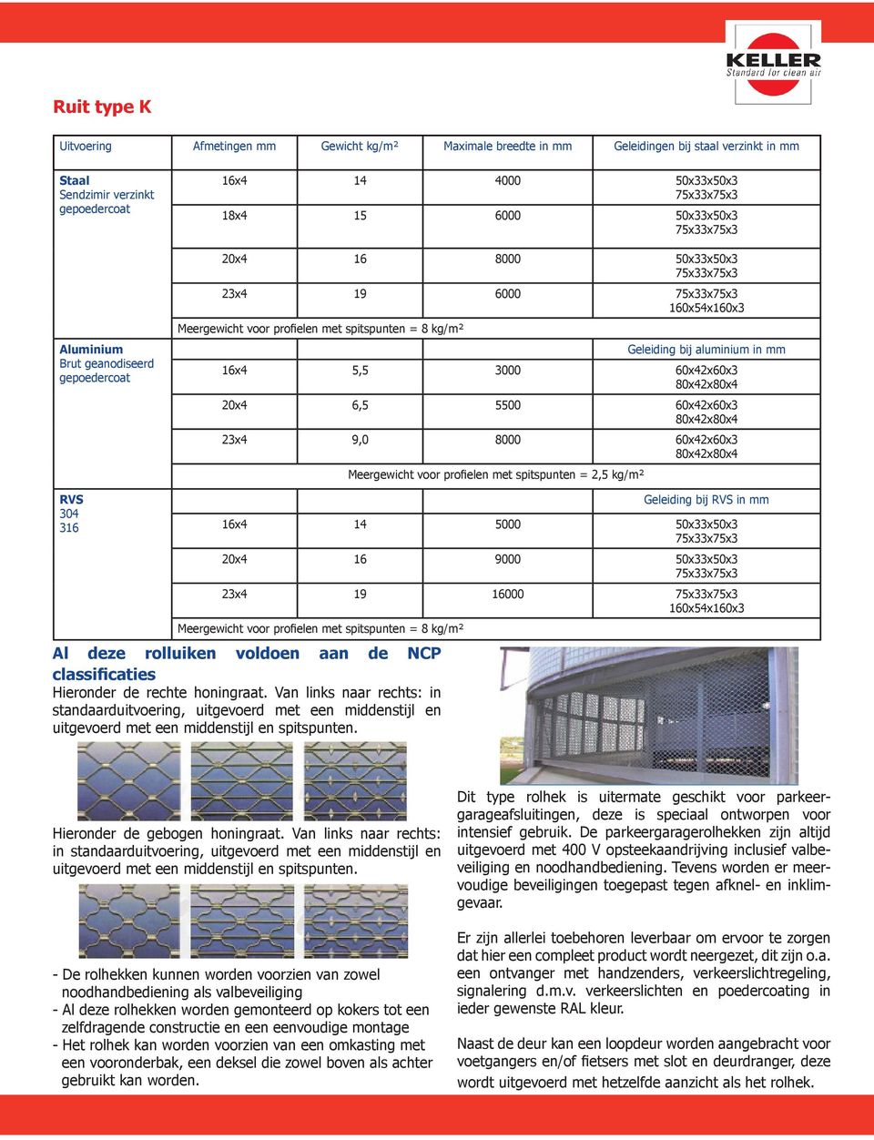 bij aluminium in mm 16x4 5,5 3000 60x42x60x3 80x42x80x4 20x4 6,5 5500 60x42x60x3 80x42x80x4 23x4 9,0 8000 60x42x60x3 80x42x80x4 Meergewicht voor profielen met spitspunten = 2,5 kg/m² RVS 304 316 Al