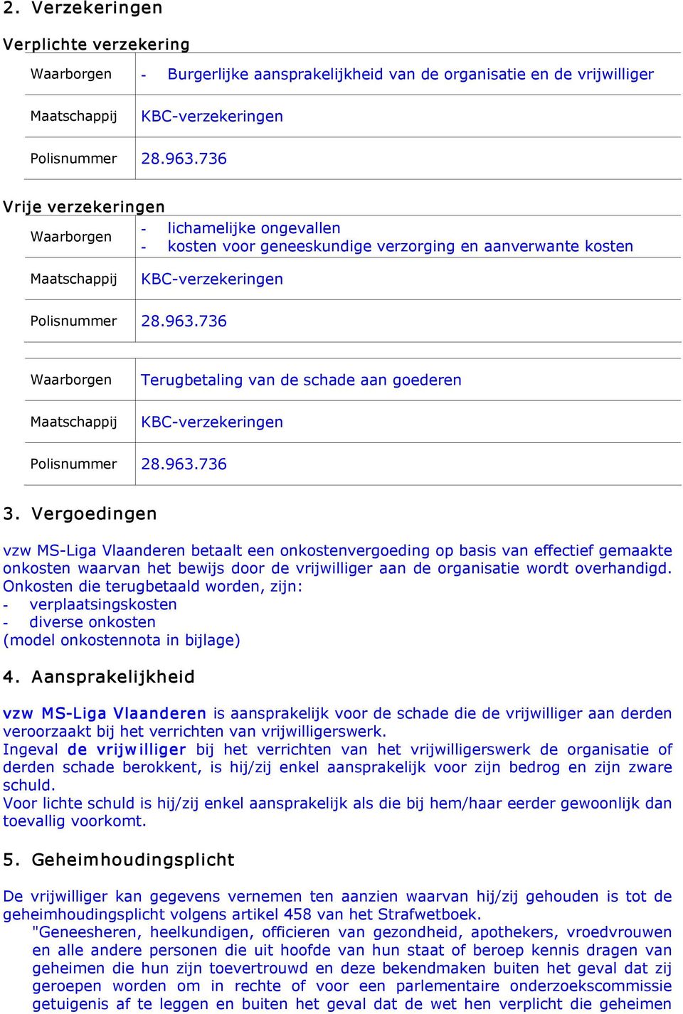 Vergoedingen vzw MS Liga Vlaanderen betaalt een onkostenvergoeding op basis van effectief gemaakte onkosten waarvan het bewijs door de vrijwilliger aan de organisatie wordt overhandigd.