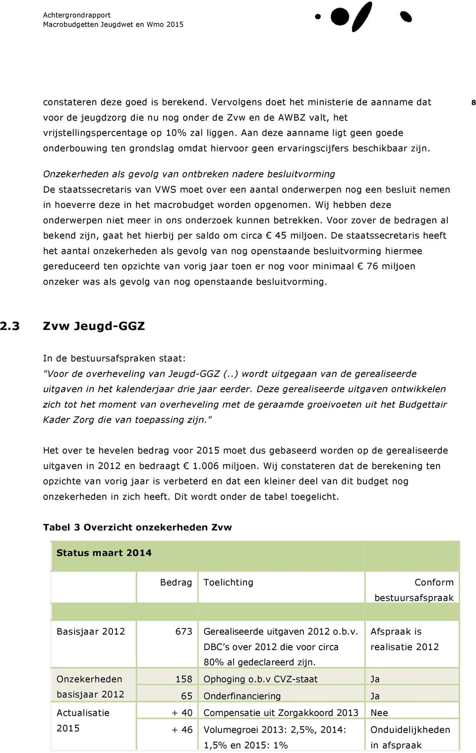 8 Onzekerheden als gevolg van ontbreken nadere besluitvorming De staatssecretaris van VWS moet over een aantal onderwerpen nog een besluit nemen in hoeverre deze in het macrobudget worden opgenomen.