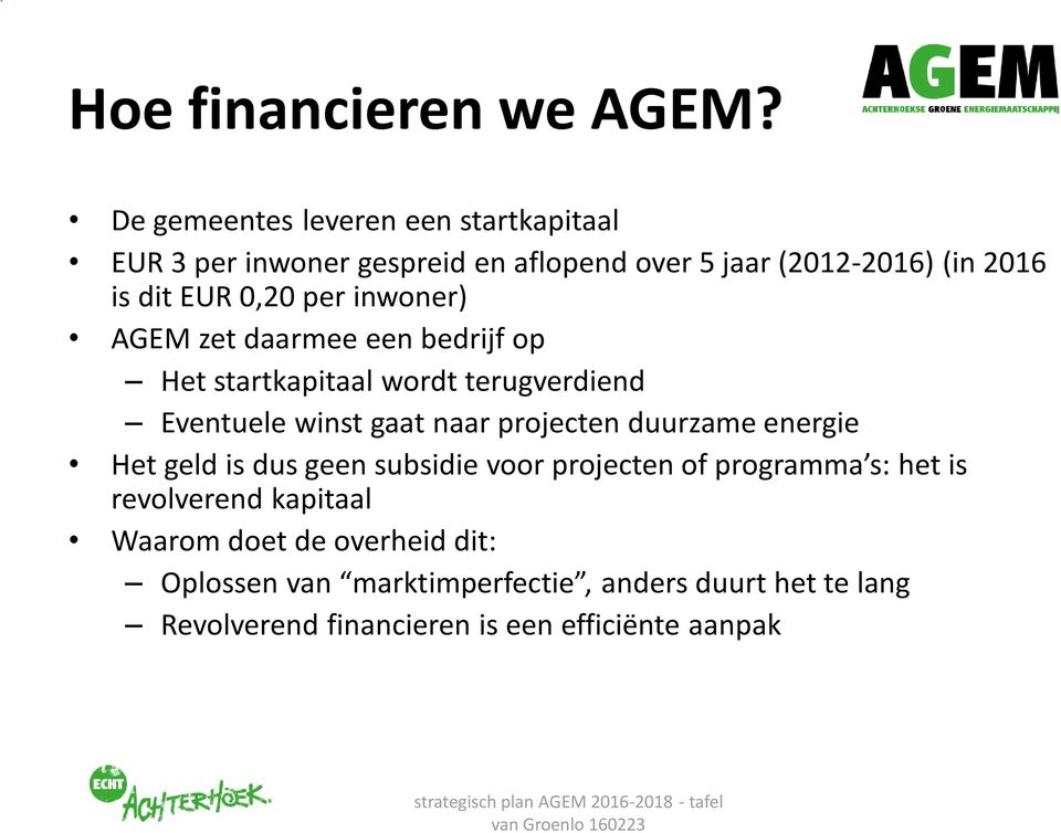 per inwoner) AGEM zet daarmee een bedrijf op Het startkapitaal wordt terugverdiend Eventuele winst gaat naar projecten duurzame
