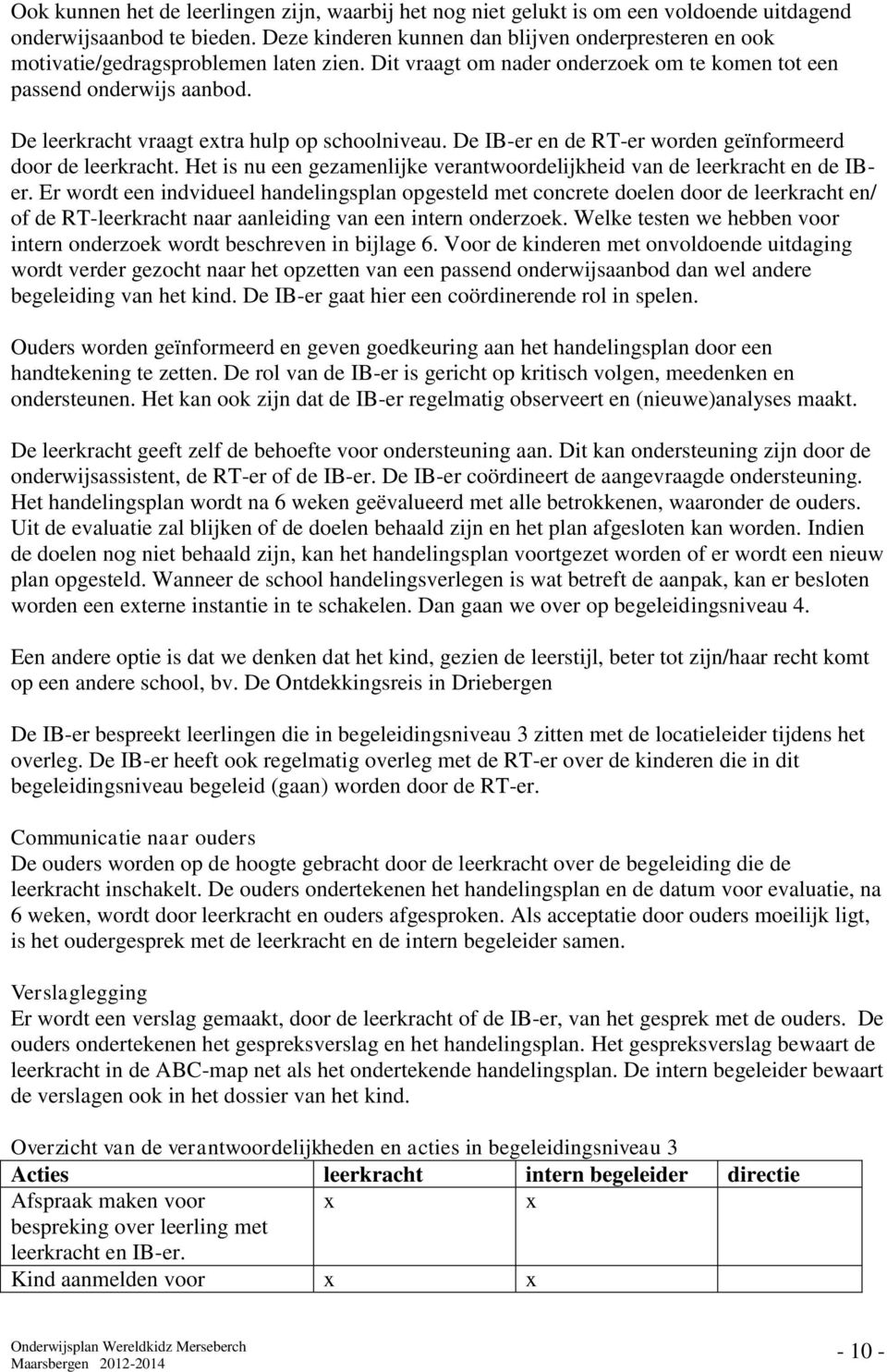 De leerkracht vraagt etra hulp op schoolniveau. De IB-er en de RT-er worden geïnformeerd door de leerkracht. Het is nu een gezamenlijke verantwoordelijkheid van de leerkracht en de IBer.