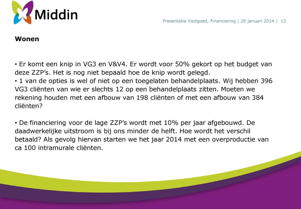 Wij hebben 396 VG3 cliënten van wie er slechts 12 op een behandelplaats zitten. Moeten we rekening houden met een afbouw van 198 cliënten of met een afbouw van 384 cliënten?