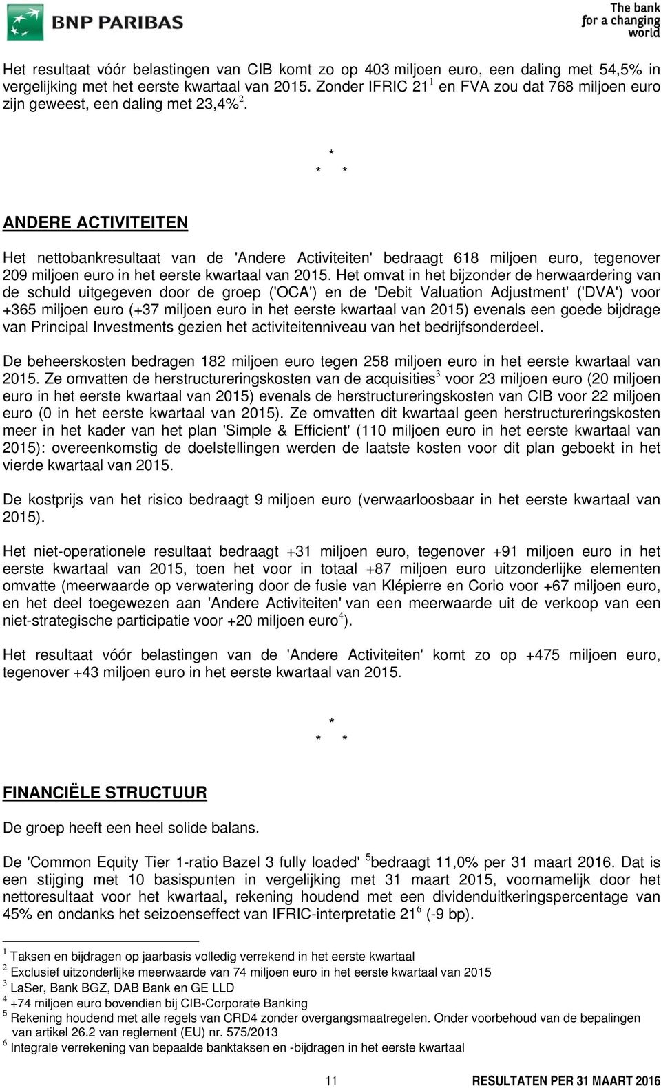 * * * ANDERE ACTIVITEITEN Het nettobankresultaat van de 'Andere Activiteiten' bedraagt 618 miljoen euro, tegenover 209 miljoen euro in het eerste kwartaal van 2015.