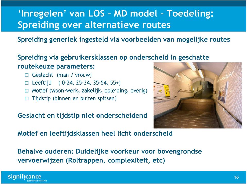 55+) Motief (woon-werk, zakelijk, opleiding, overig) Tijdstip (binnen en buiten spitsen) Geslacht en tijdstip niet onderscheidend Motief en