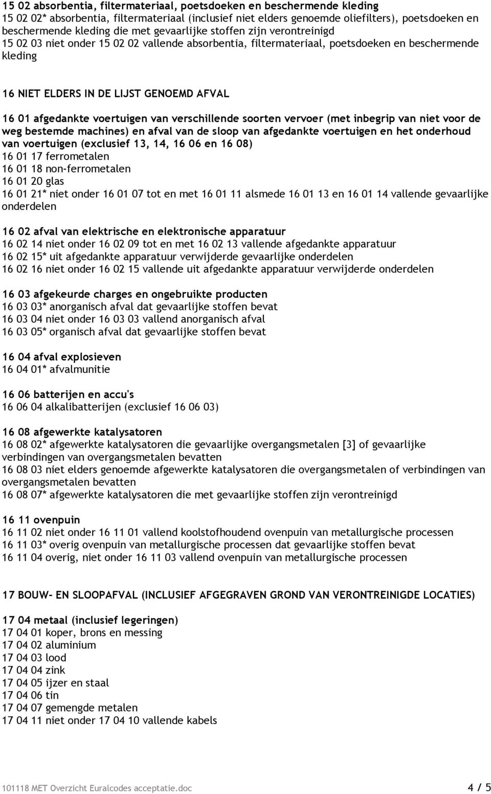 afgedankte voertuigen van verschillende soorten vervoer (met inbegrip van niet voor de weg bestemde machines) en afval van de sloop van afgedankte voertuigen en het onderhoud van voertuigen