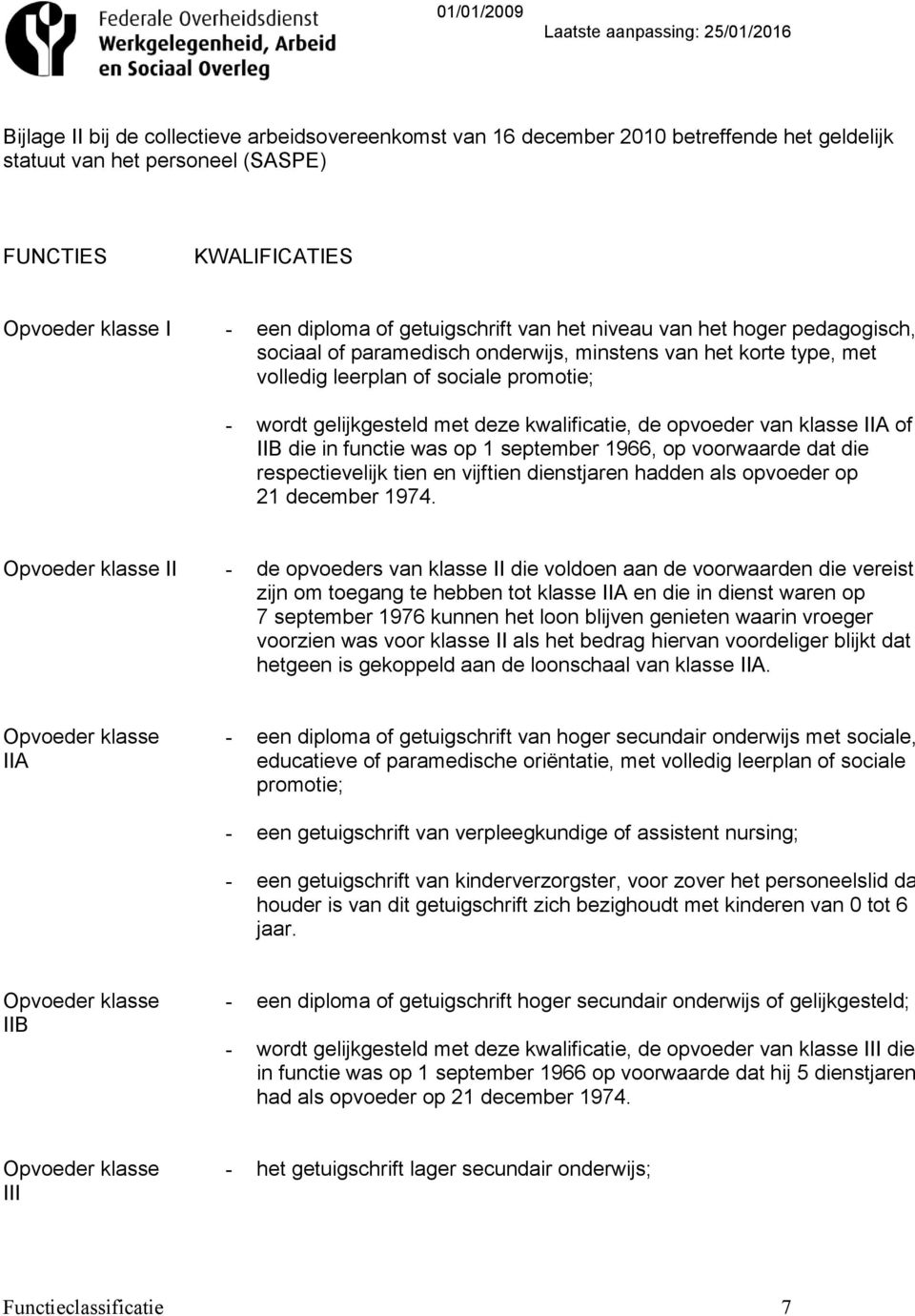 kwalificatie, de opvoeder van klasse IIA of IIB die in functie was op 1 september 1966, op voorwaarde dat die respectievelijk tien en vijftien dienstjaren hadden als opvoeder op 21 december 1974.