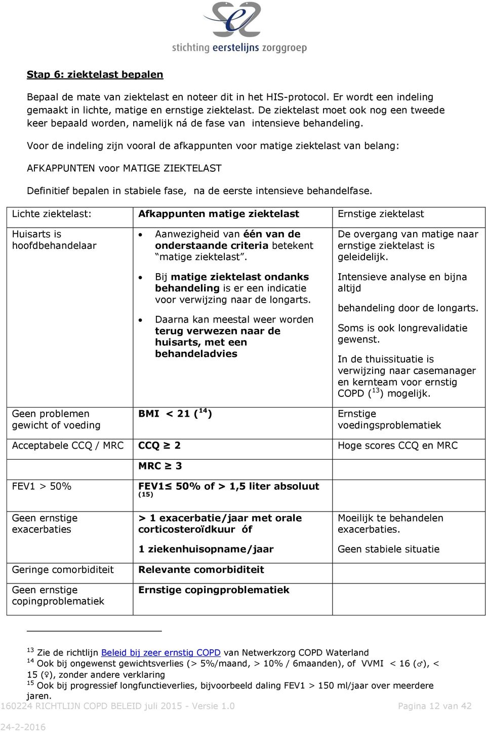 Voor de indeling zijn vooral de afkappunten voor matige ziektelast van belang: AFKAPPUNTEN voor MATIGE ZIEKTELAST Definitief bepalen in stabiele fase, na de eerste intensieve behandelfase.