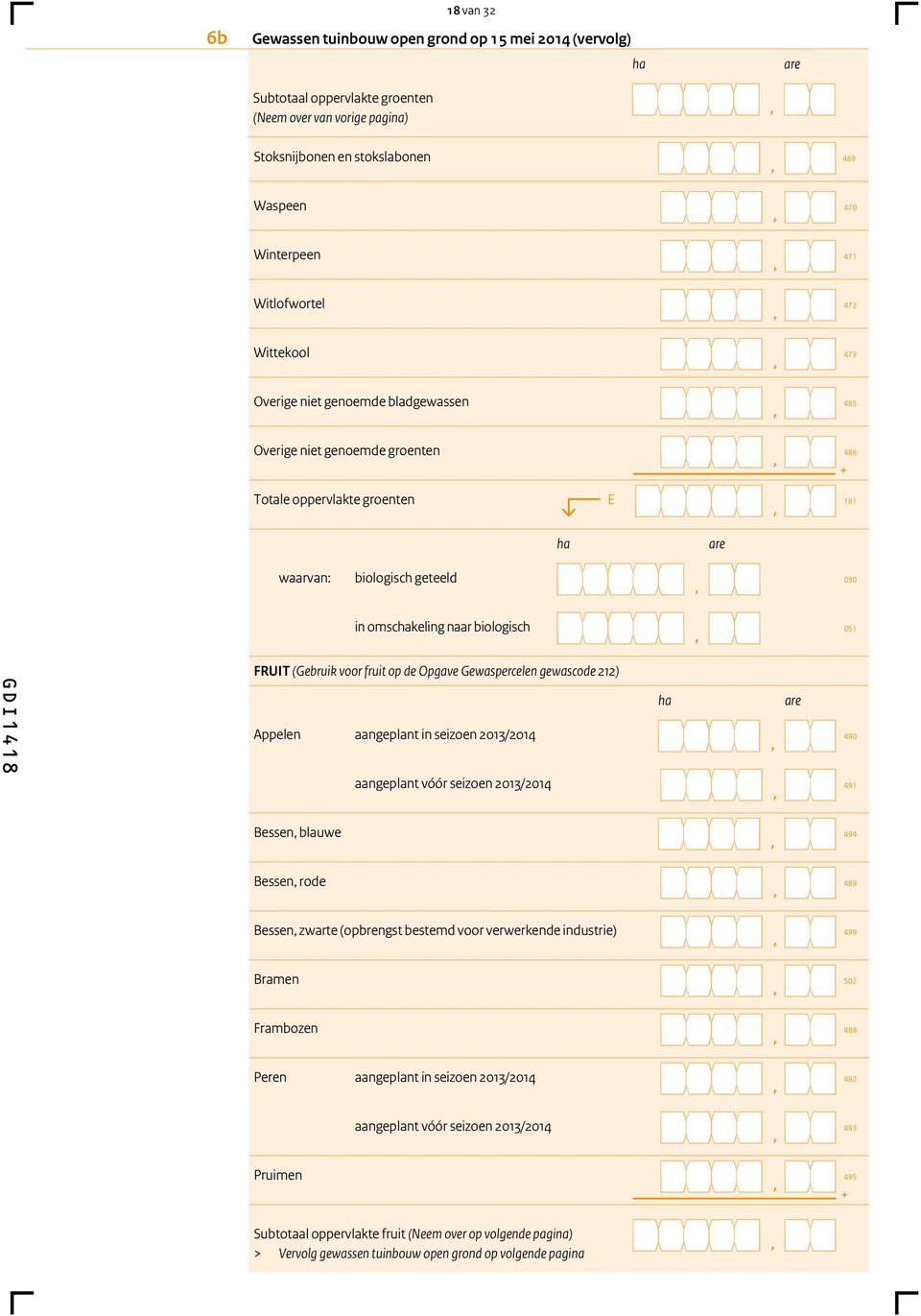 are waarvan: biologisch geteeld su 030 in omschakeling naar biologisch su 051 GDI1418 FRUIT (Gebruik voor fruit op de Opgave Gewaspercelen gewascode 212) Appelen aangeplant in seizoen 2013/2014