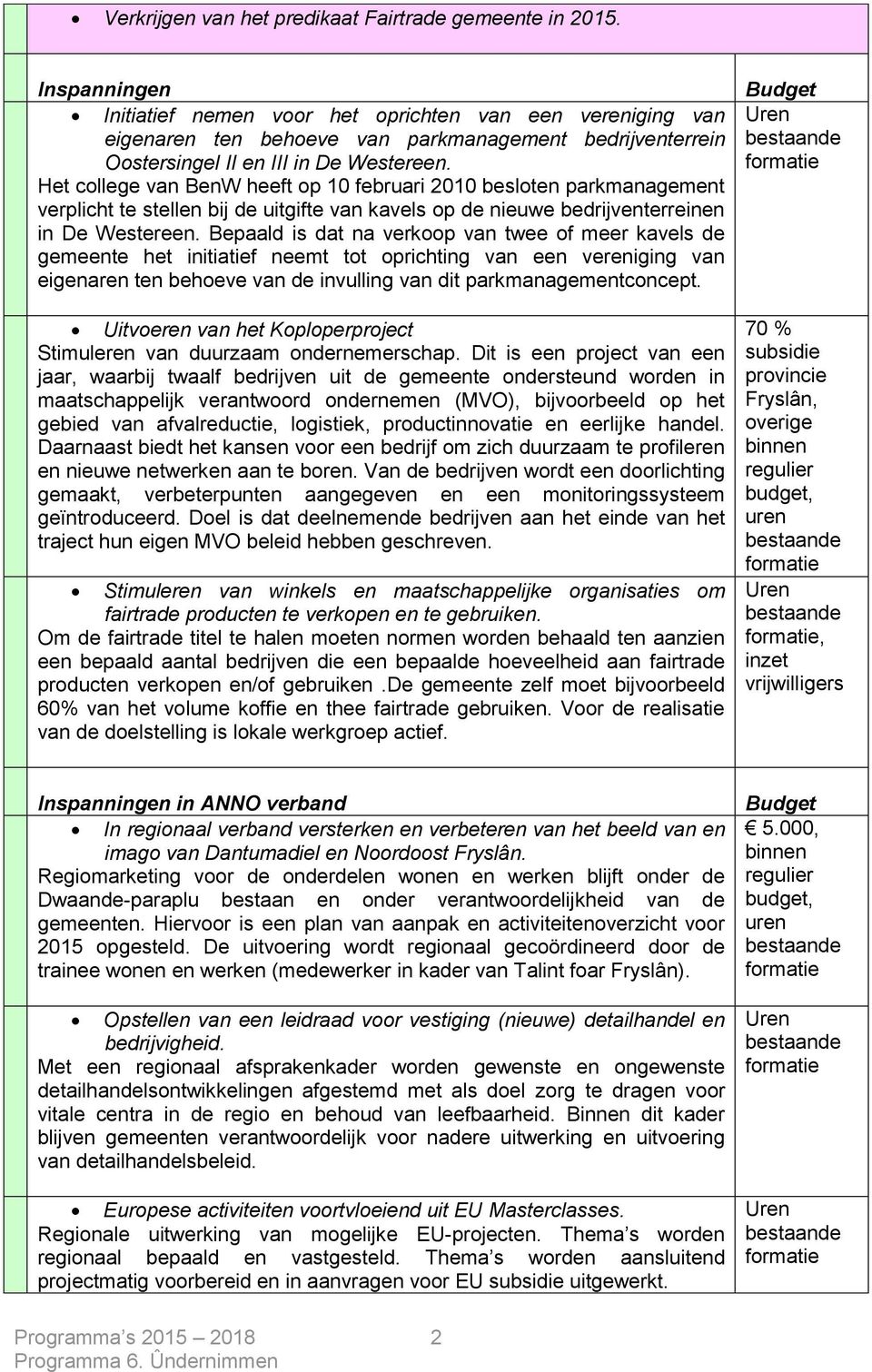 Het college van BenW heeft op 10 februari 2010 besloten parkmanagement verplicht te stellen bij de uitgifte van kavels op de nieuwe bedrijventerreinen in De Westereen.