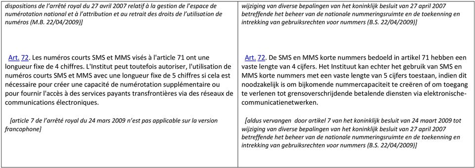 voor nummers (B.S. 22/04/2009)] Art. 72. Les numéros courts SMS et MMS visés à l'article 71 ont une longueur fixe de 4 chiffres.