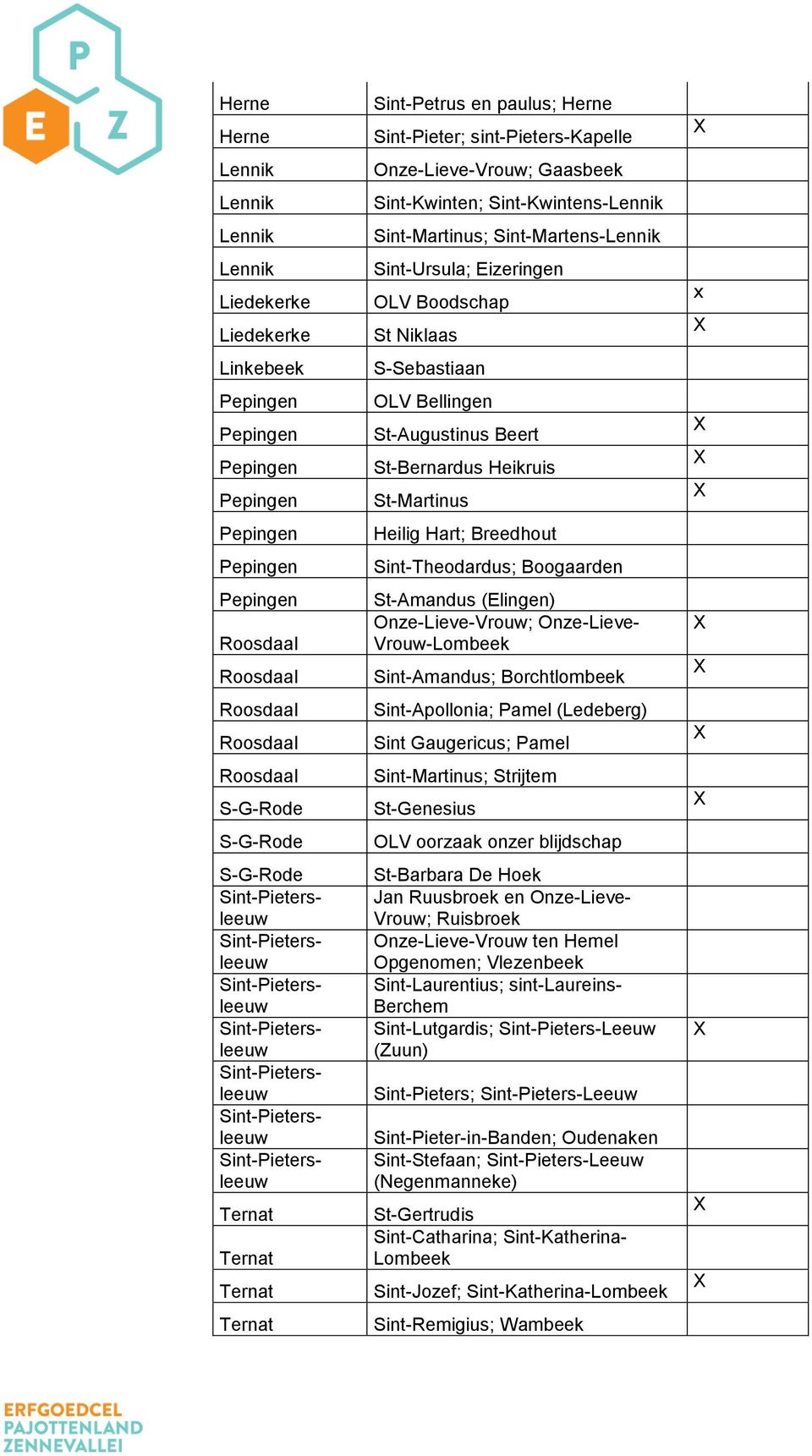 Onze-Lieve-Vrouw; Gaasbeek Sint-Kwinten; Sint-Kwintens-Lennik Sint-Martinus; Sint-Martens-Lennik Sint-Ursula; Eizeringen OLV Boodschap St Niklaas S-Sebastiaan OLV Bellingen St-Augustinus Beert