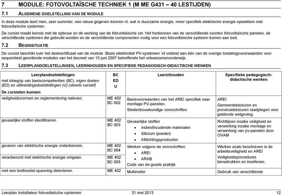 Het herkennen van de verschillende soorten fotovoltaïsche panelen, de verschillende systemen die gebruikt worden en de verschillende componenten nodig voor een fotovoltaïsche systeem komen aan bod. 7.