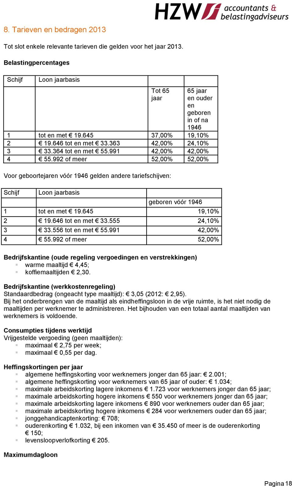 991 42,00% 42,00% 4 55.992 of meer 52,00% 52,00% Voor geboortejaren vóór 1946 gelden andere tariefschijven: Schijf Loon jaarbasis geboren vóór 1946 1 tot en met 19.645 19,10% 2 19.646 tot en met 33.