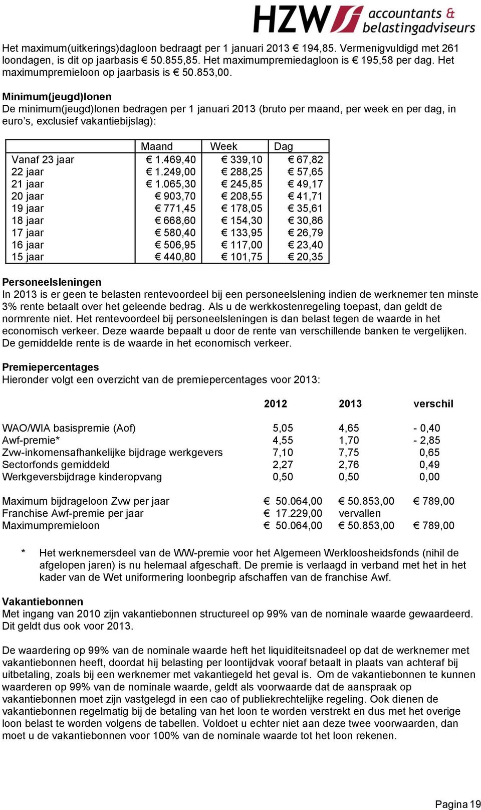 Minimum(jeugd)lonen De minimum(jeugd)lonen bedragen per 1 januari 2013 (bruto per maand, per week en per dag, in euro s, exclusief vakantiebijslag): Maand Week Dag Vanaf 23 jaar 1.