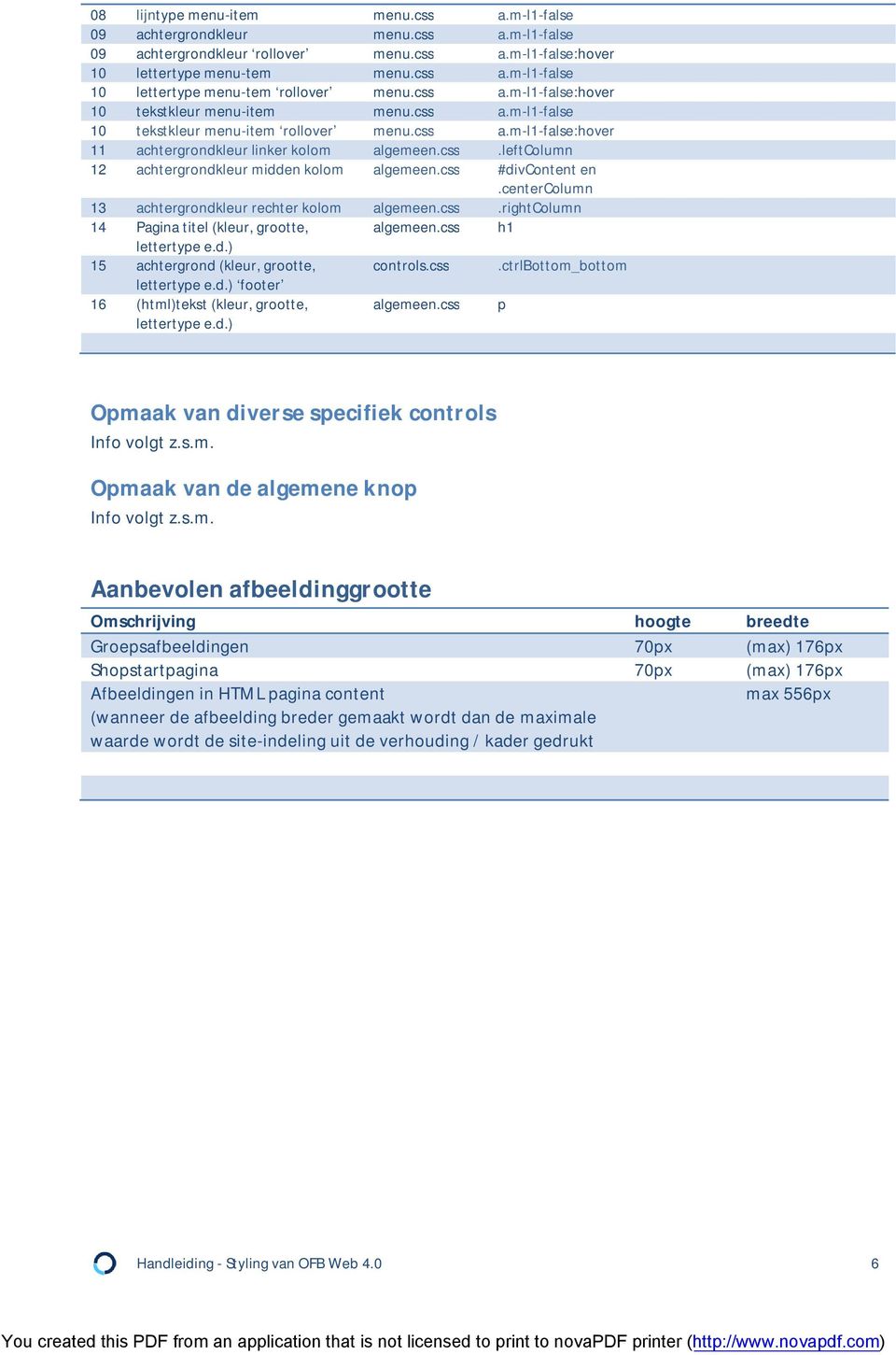 centercolumn 13 achtergrondkleur rechter kolom.rightcolumn 14 Pagina titel (kleur, grootte, h1 lettertype e.d.) 15 achtergrond (kleur, grootte, controls.css.ctrlbottom_bottom lettertype e.d.) footer 16 (html)tekst (kleur, grootte, lettertype e.