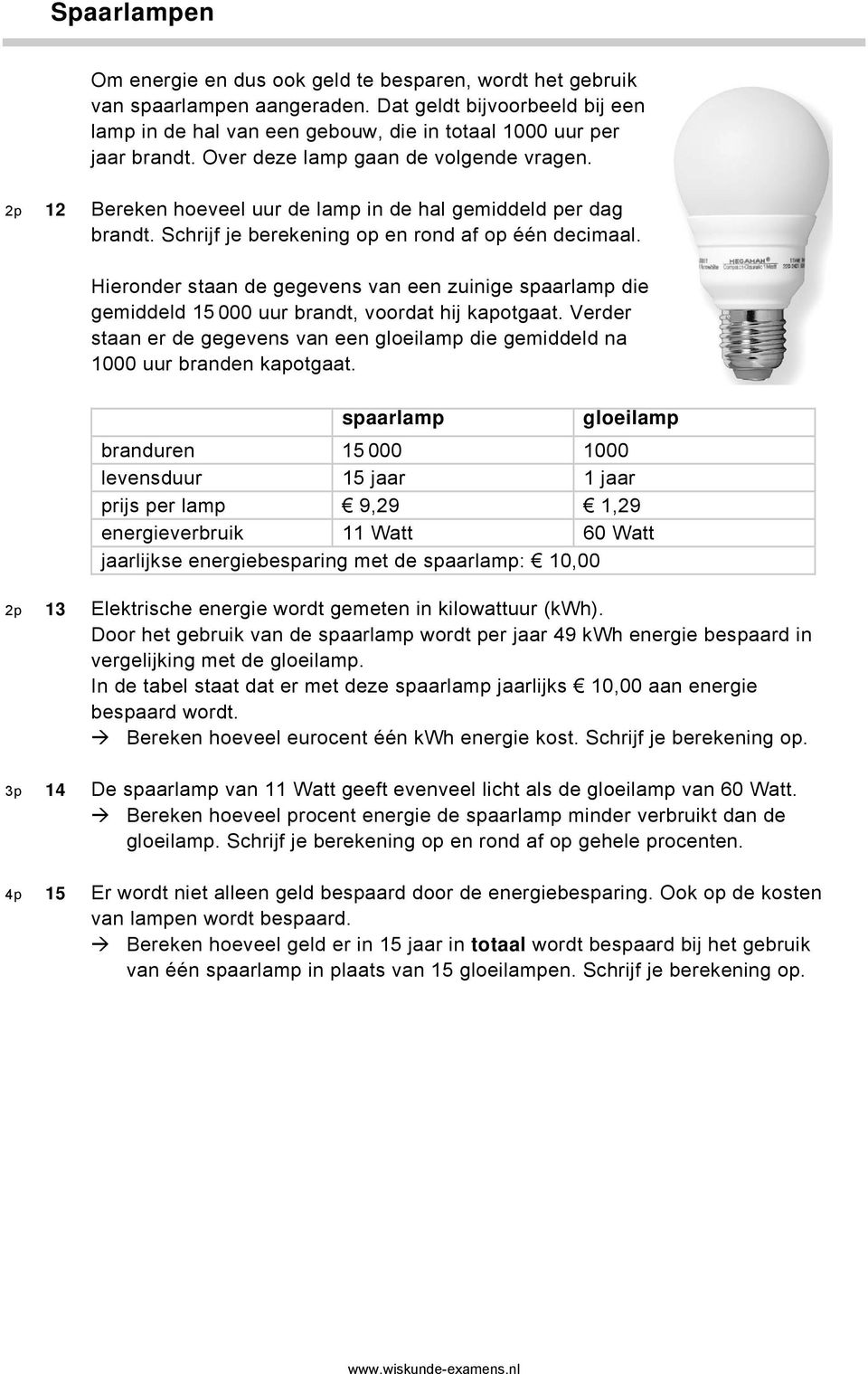 Hieronder staan de gegevens van een zuinige spaarlamp die gemiddeld 15 000 uur brandt, voordat hij kapotgaat. Verder staan er de gegevens van een gloeilamp die gemiddeld na 1000 uur branden kapotgaat.