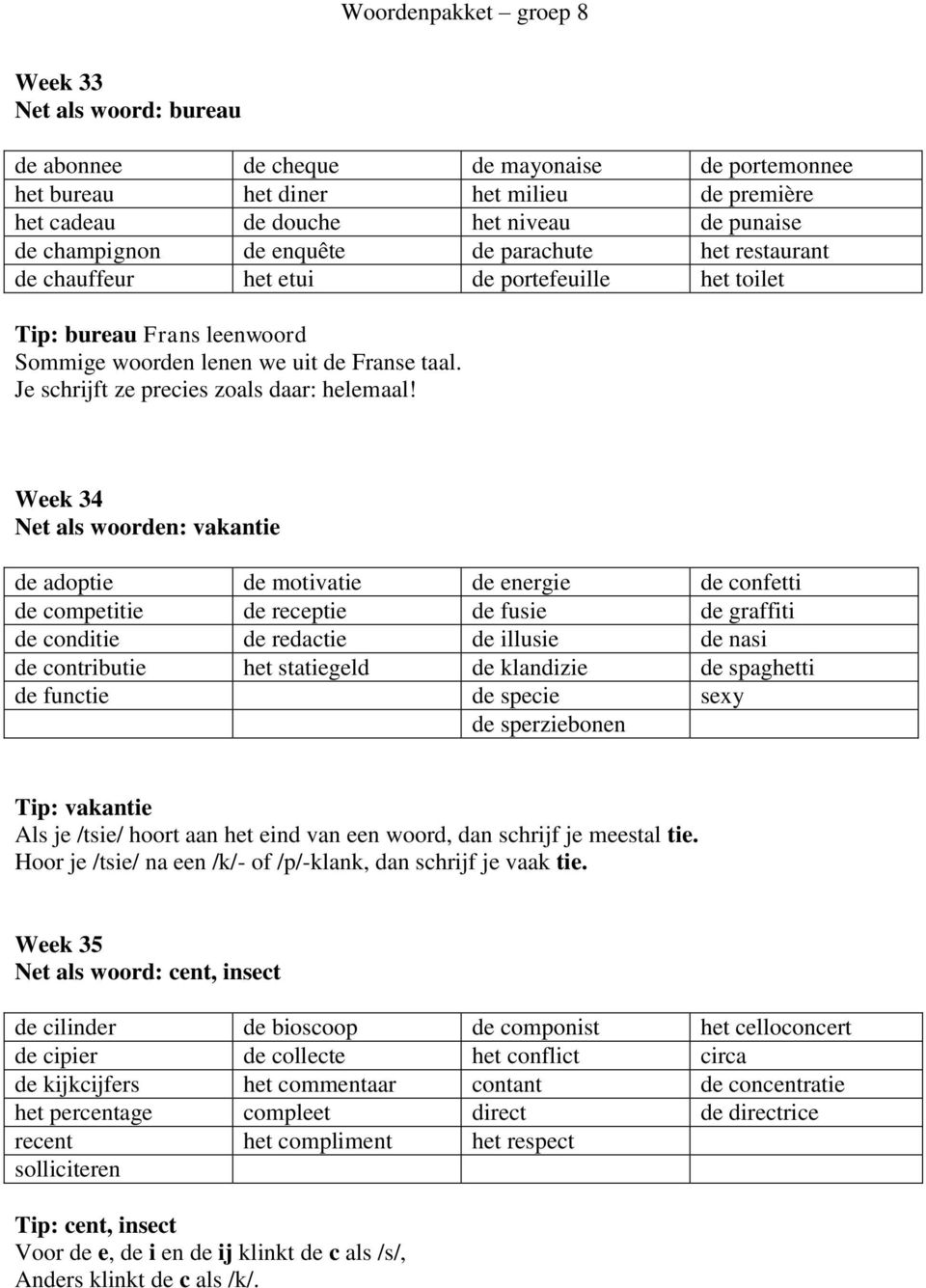 Week 34 Net als woorden: vakantie de adoptie de motivatie de energie de confetti de competitie de receptie de fusie de graffiti de conditie de redactie de illusie de nasi de contributie het