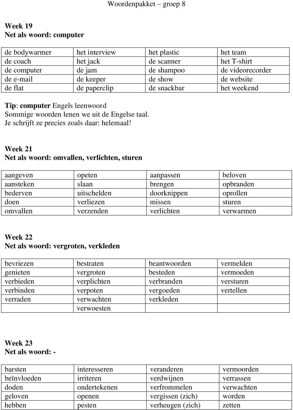 Week 21 Net als woord: omvallen, verlichten, sturen aangeven opeten aanpassen beloven aansteken slaan brengen opbranden bederven uitschelden doorknippen oprollen doen verliezen missen sturen omvallen