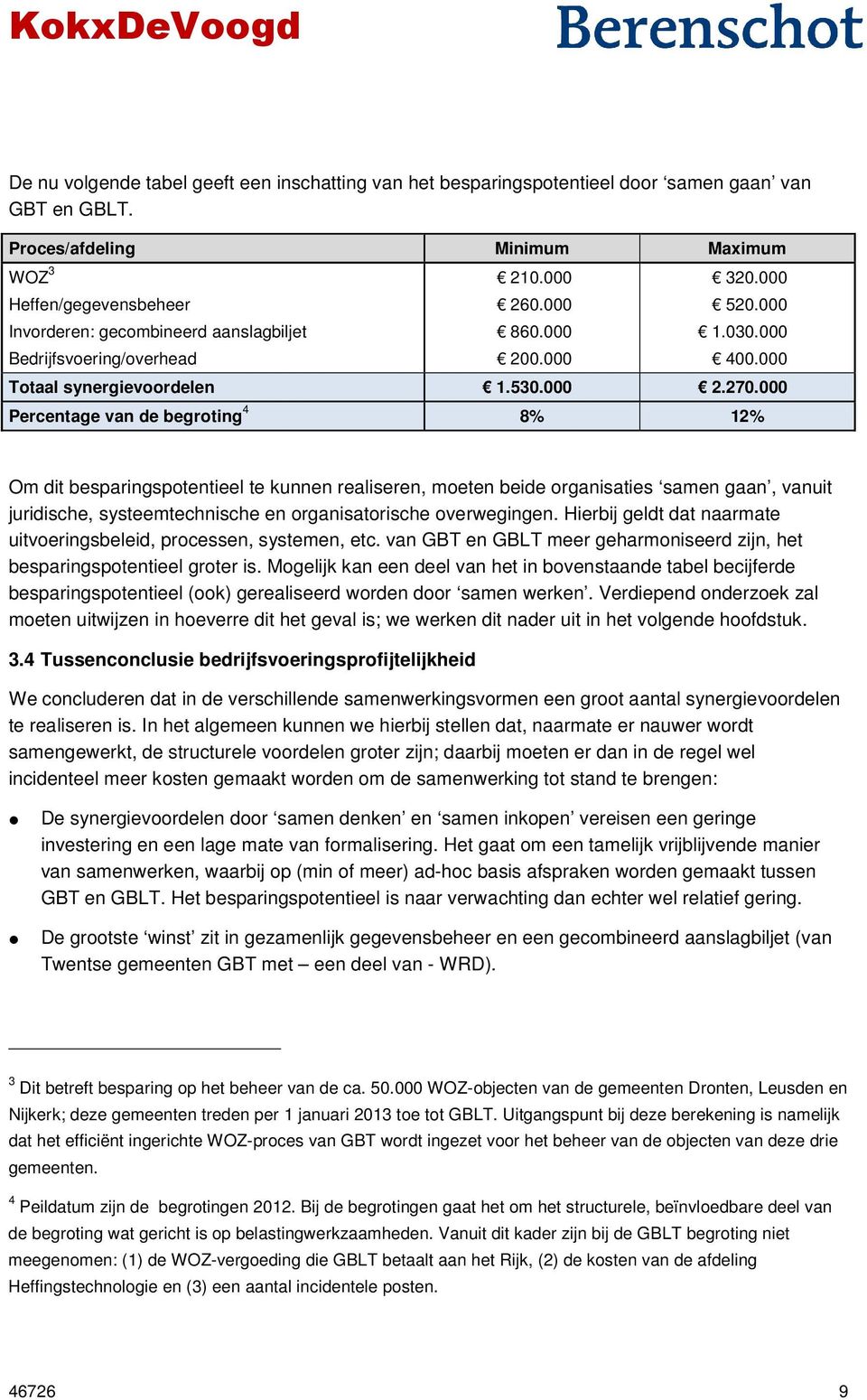 000 Percentage van de begroting 4 8% 12% Om dit besparingspotentieel te kunnen realiseren, moeten beide organisaties samen gaan, vanuit juridische, systeemtechnische en organisatorische overwegingen.