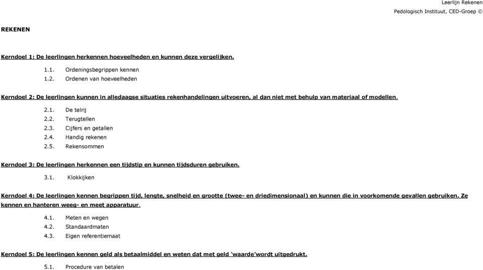 Cijfers en getallen 2.4. Handig rekenen 2.5. Rekensommen Kerndoel 3: De leerlingen herkennen een tijdstip en kunnen tijdsduren gebruiken. 3.1.