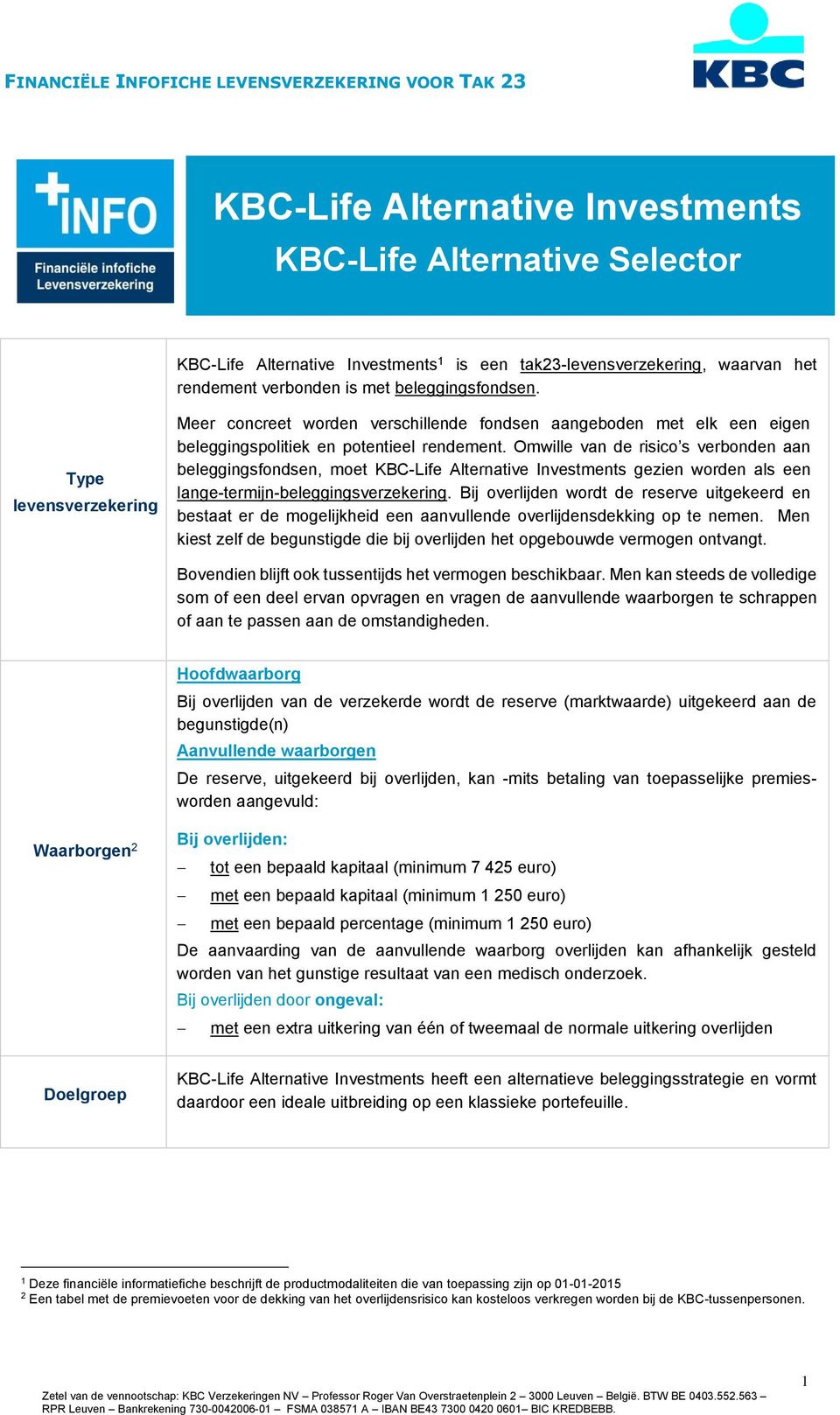 Omwille van de risico s verbonden aan beleggingsfondsen, moet KBC-Life Alternative Investments gezien worden als een lange-termijn-beleggingsverzekering.