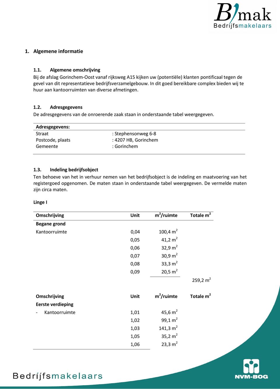 In dit goed bereikbare complex bieden wij te huur aan kantoorruimten van diverse afmetingen. 1.2. Adresgegevens De adresgegevens van de onroerende zaak staan in onderstaande tabel weergegeven.