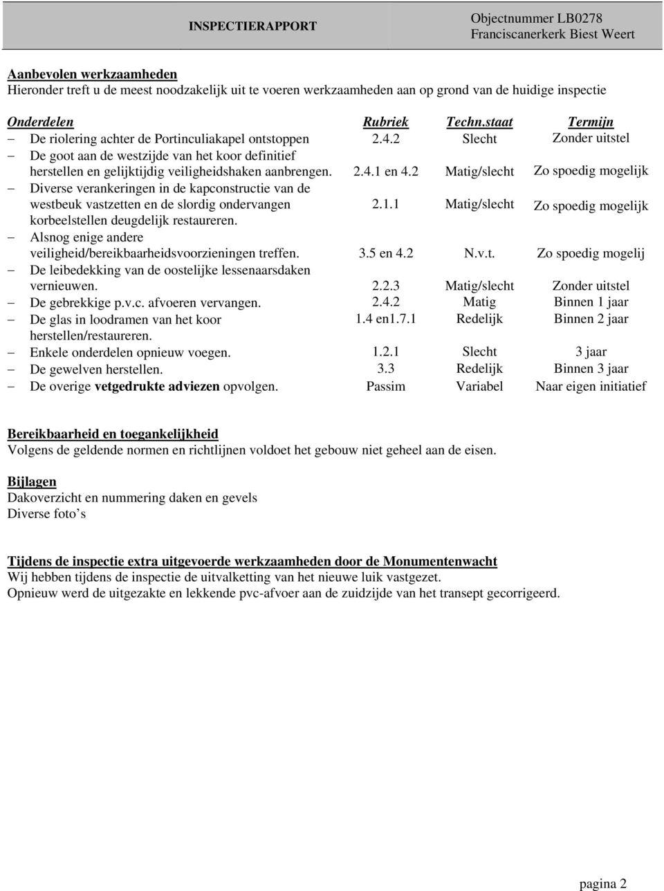 2 Slecht Zonder uitstel De goot aan de westzijde van het koor definitief herstellen en gelijktijdig veiligheidshaken aanbrengen. 2.4.1 en 4.