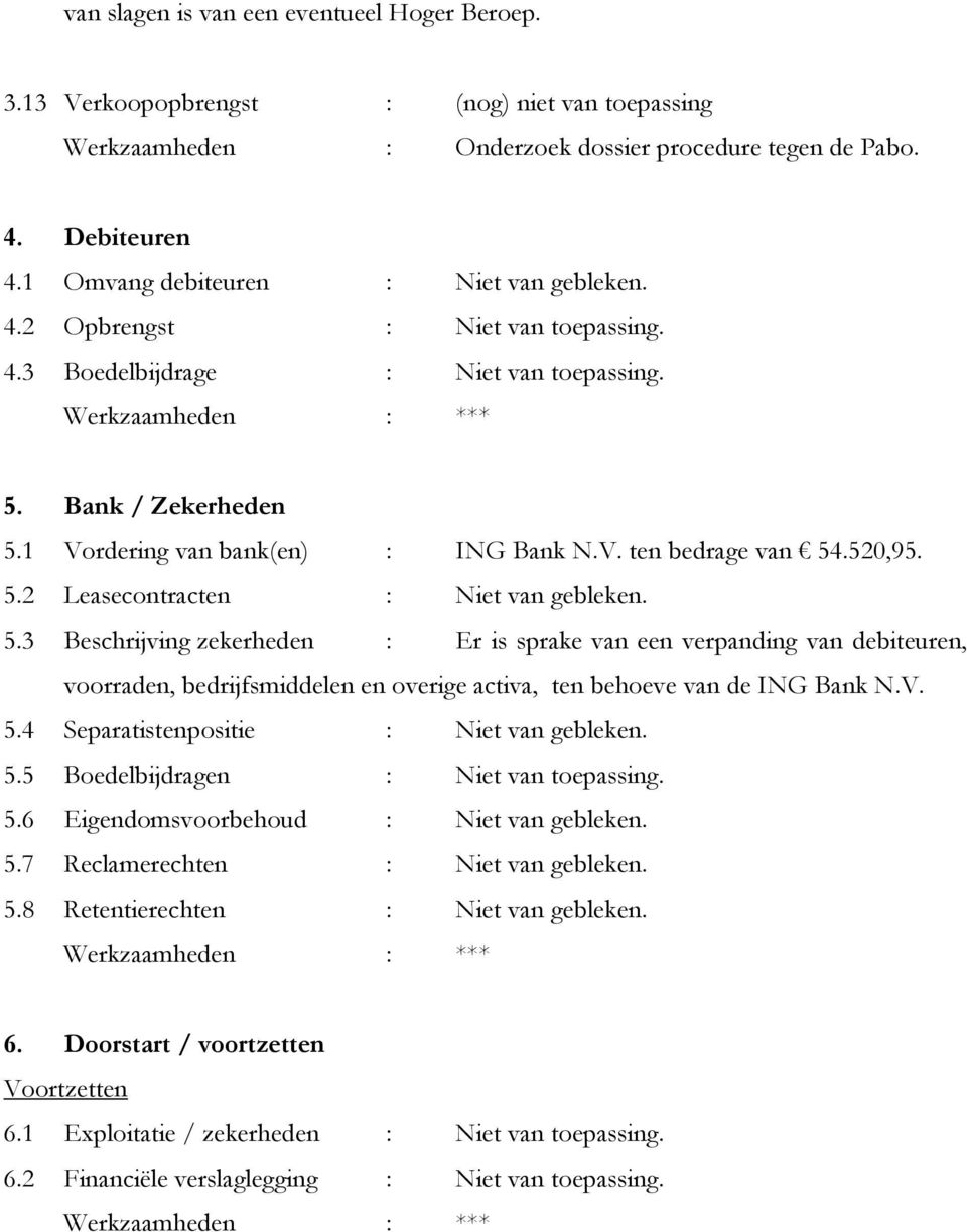 520,95. 5.2 Leasecontracten : Niet van gebleken. 5.3 Beschrijving zekerheden : Er is sprake van een verpanding van debiteuren, voorraden, bedrijfsmiddelen en overige activa, ten behoeve van de ING Bank N.