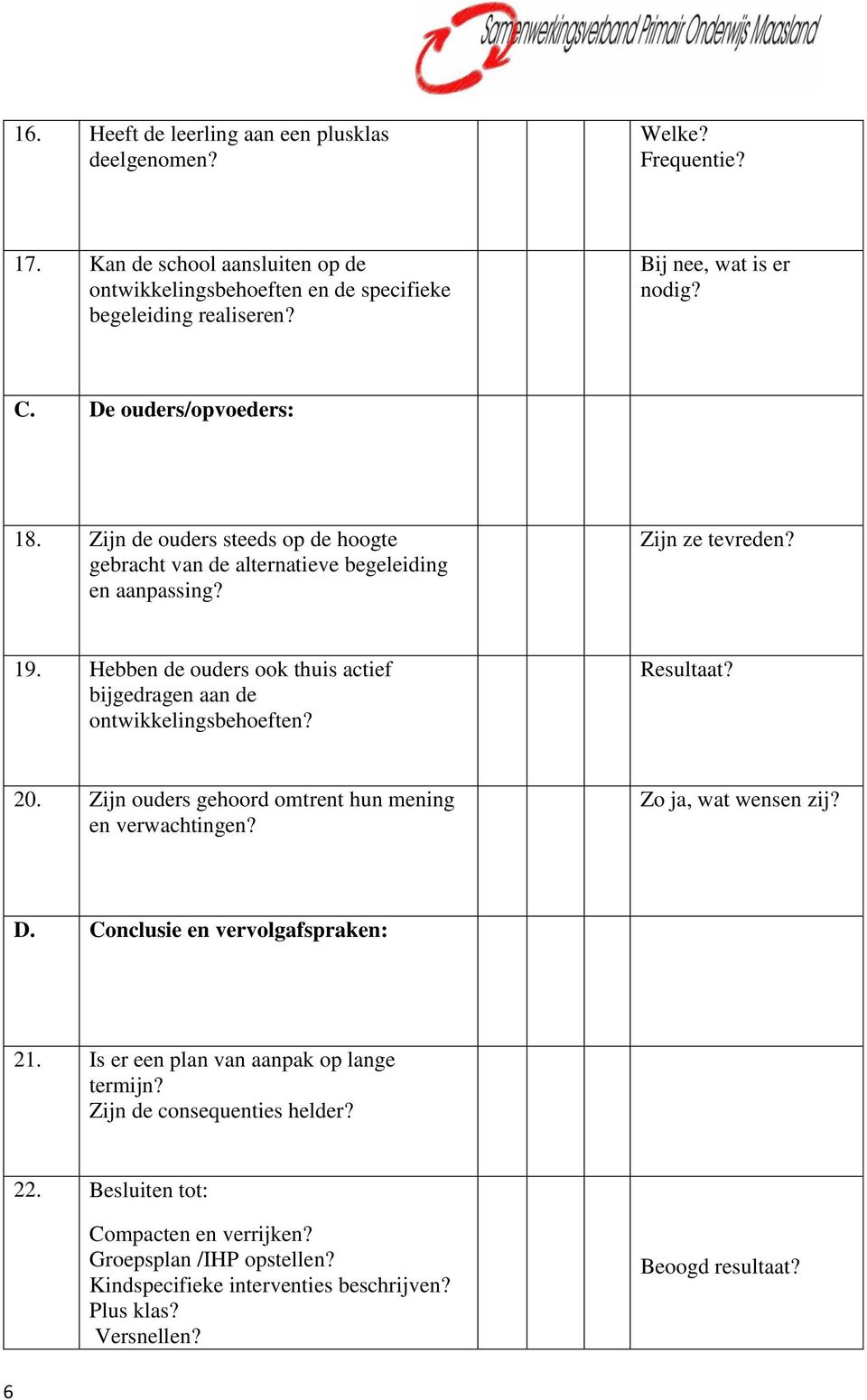 Hebben de ouders ook thuis actief bijgedragen aan de ontwikkelingsbehoeften? Resultaat? 20. Zijn ouders gehoord omtrent hun mening en verwachtingen? Zo ja, wat wensen zij? D.