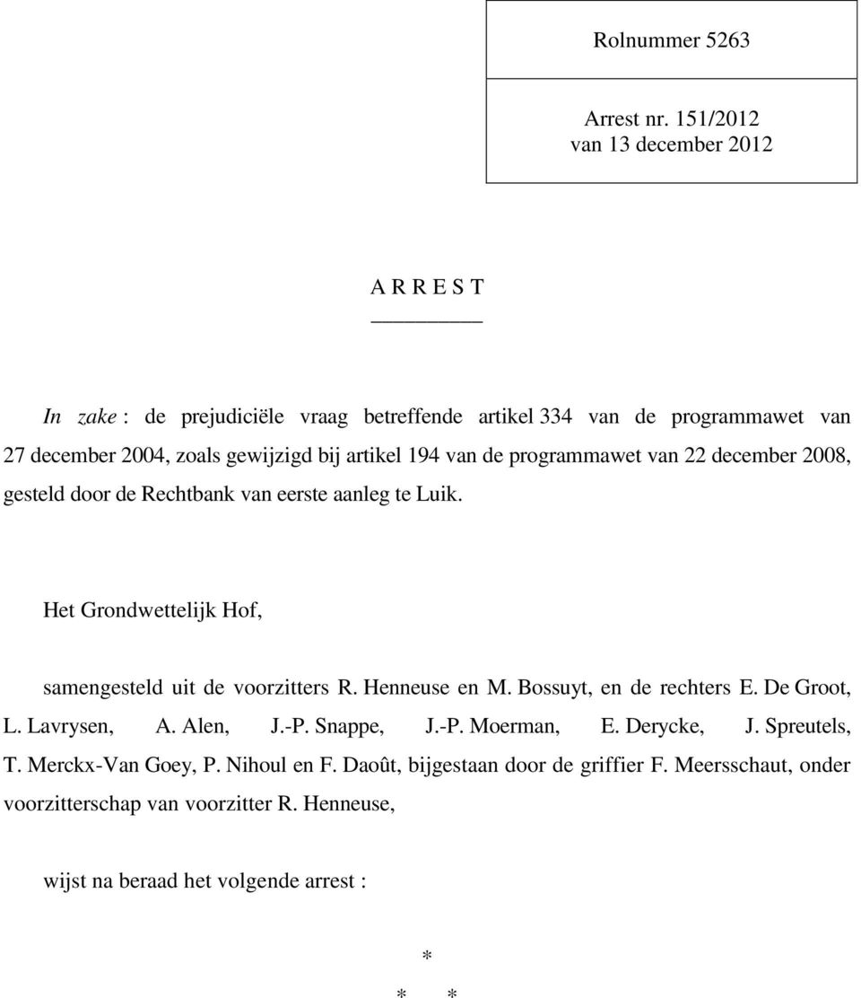 artikel 194 van de programmawet van 22 december 2008, gesteld door de Rechtbank van eerste aanleg te Luik. Het Grondwettelijk Hof, samengesteld uit de voorzitters R.