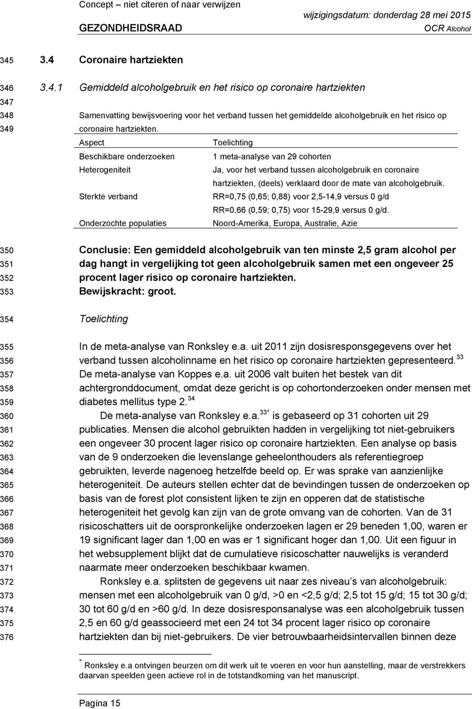 Sterkte verband RR=0,75 (0,65; 0,88) voor 2,5-14,9 versus 0 g/d RR=0,66 (0,59; 0,75) voor 15-29,9 versus 0 g/d.