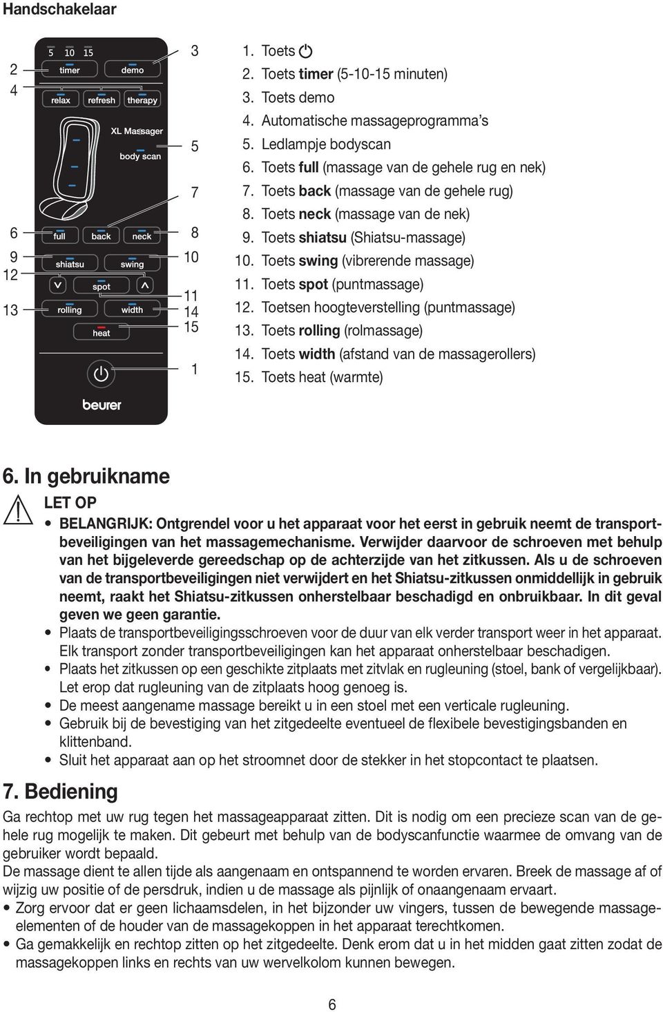 Toets spot (puntmassage) 12. Toetsen hoogteverstelling (puntmassage) 13. Toets rolling (rolmassage) 14. Toets width (afstand van de massagerollers) 15. Toets heat (warmte) 6.