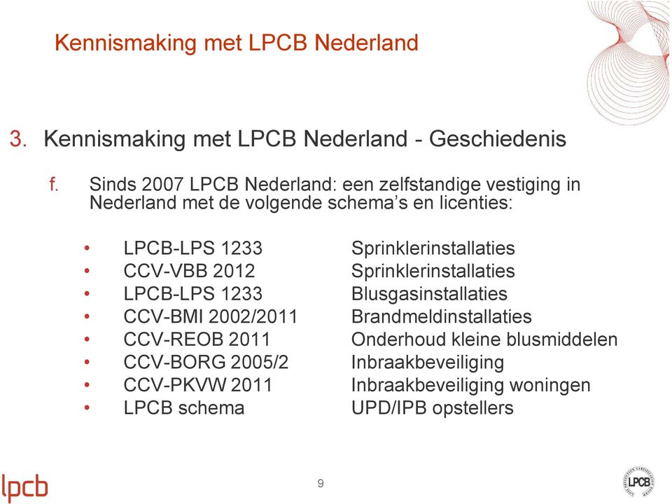 Sprinklerinstallaties CCV-VBB 2012 Sprinklerinstallaties LPCB-LPS 1233 Blusgasinstallaties CCV-BMI 2002/2011