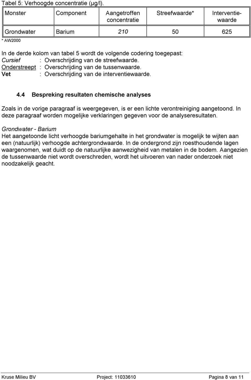 Overschrijding van de streefwaarde. Onderstreept : Overschrijding van de tussenwaarde. Vet : Overschrijding van de interventiewaarde. 4.