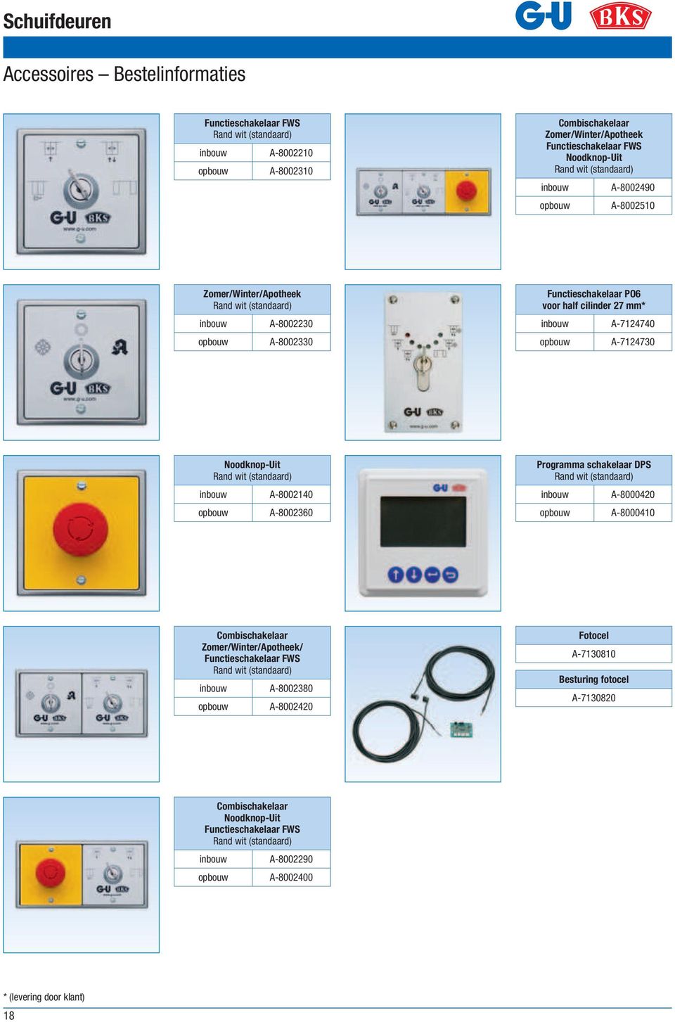 A-7124730 Noodknop-Uit Rand wit (standaard) inbouw A-8002140 opbouw A-8002360 Programma schakelaar DPS Rand wit (standaard) inbouw A-8000420 opbouw A-8000410 Combischakelaar Zomer/Winter/Apotheek/