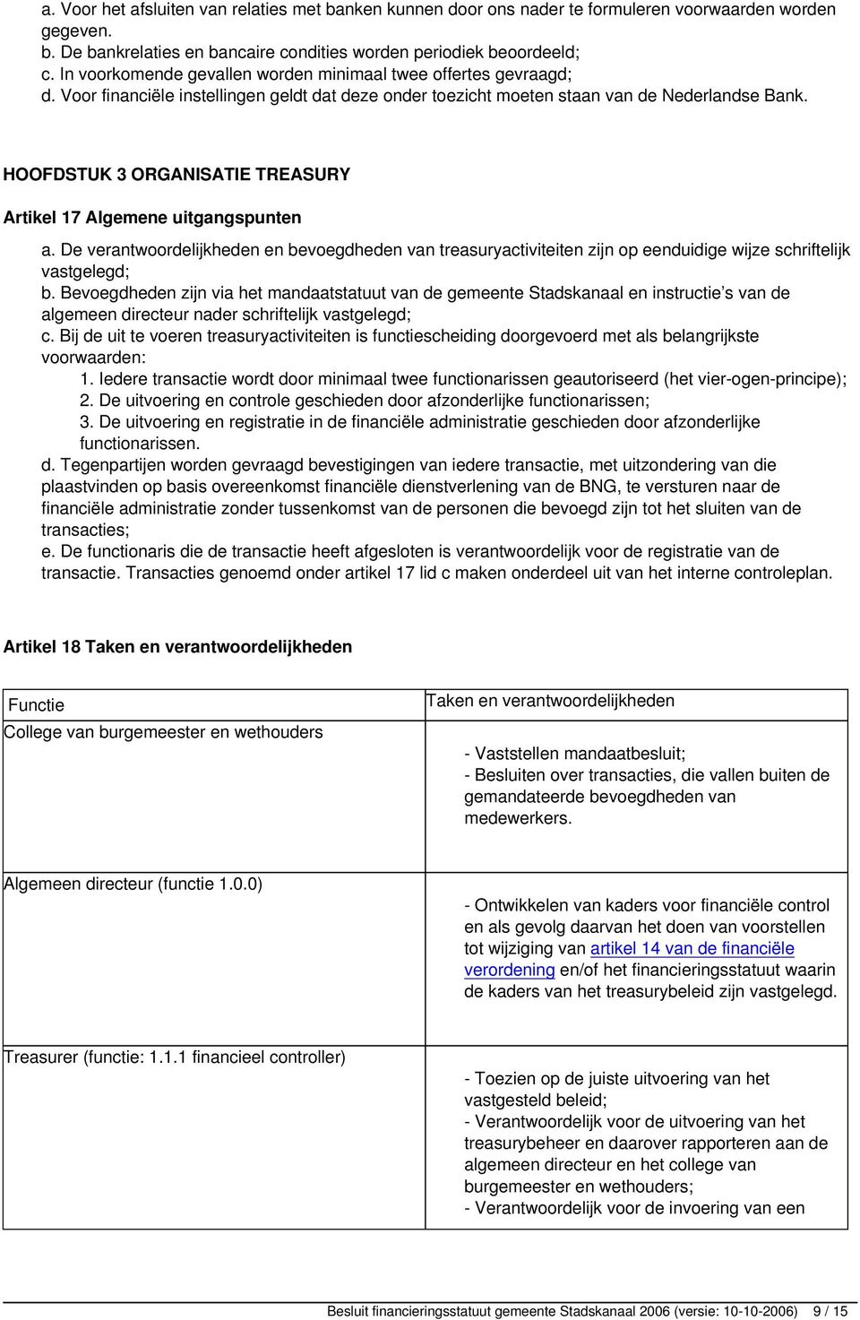 HOOFDSTUK 3 ORGANISATIE TREASURY Artikel 17 Algemene uitgangspunten a. De verantwoordelijkheden en bevoegdheden van treasuryactiviteiten zijn op eenduidige wijze schriftelijk vastgelegd; b.