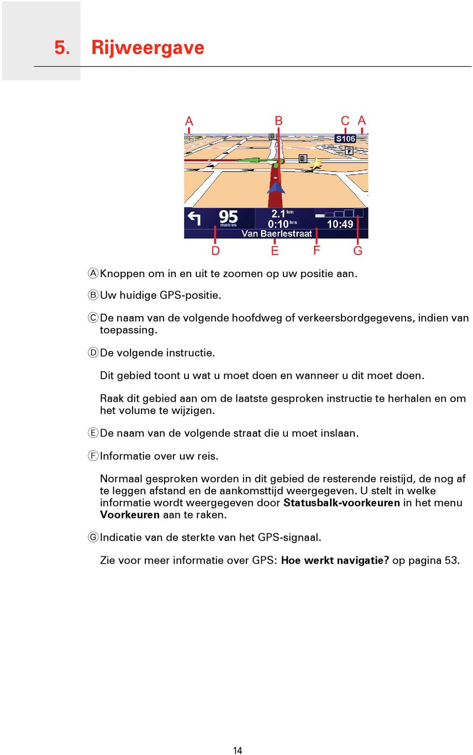 E De naam van de volgende straat die u moet inslaan. F Informatie over uw reis.