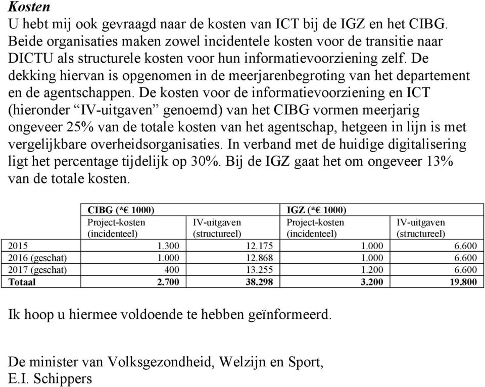 De dekking hiervan is opgenomen in de meerjarenbegroting van het departement en de agentschappen.