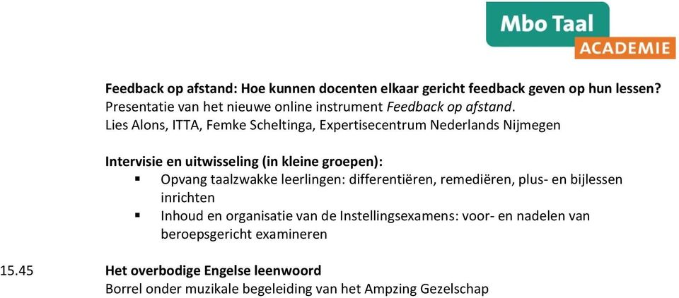 Lies Alons, ITTA, Femke Scheltinga, Expertisecentrum Nederlands Nijmegen Intervisie en uitwisseling (in kleine groepen): Opvang taalzwakke
