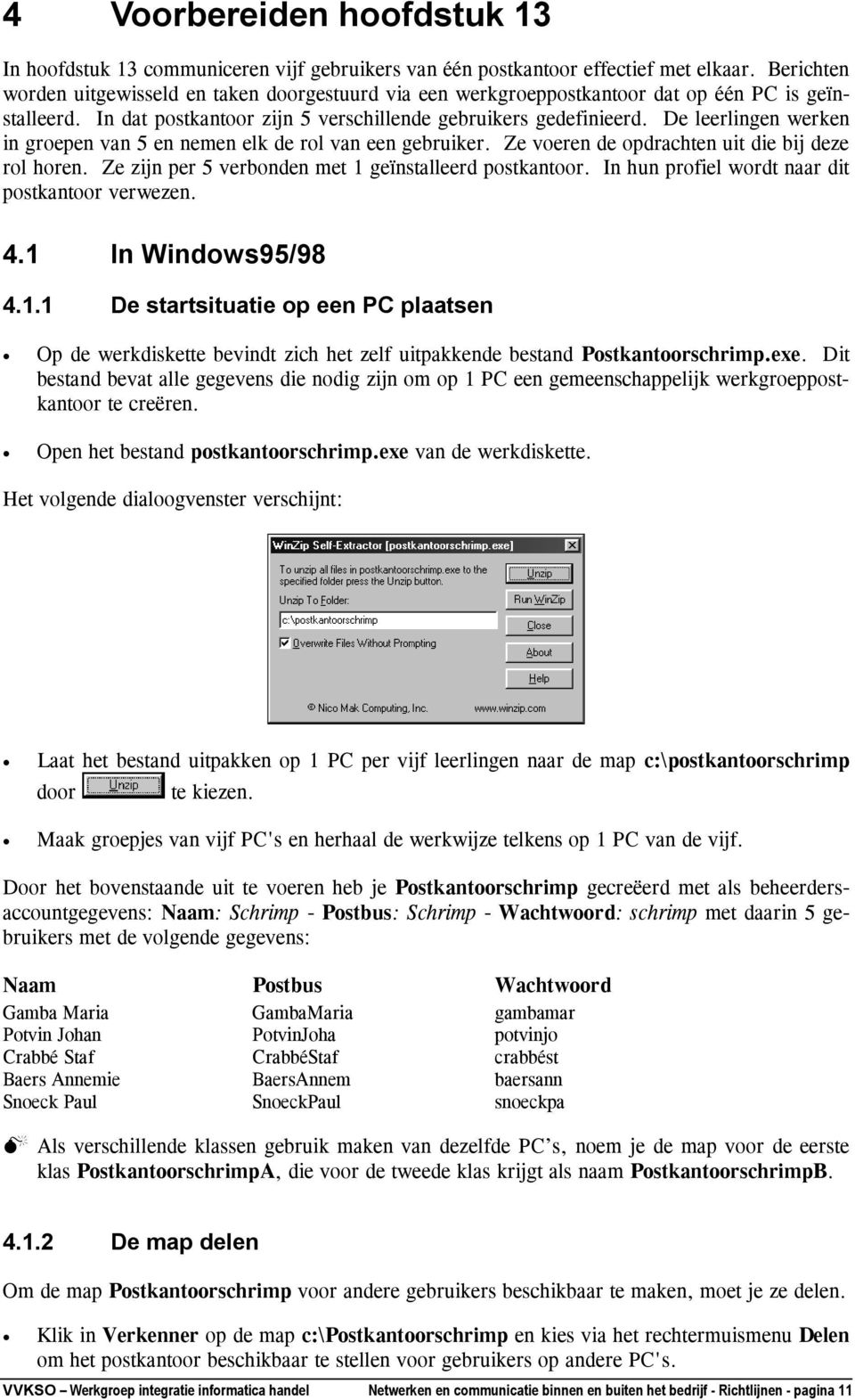 De leerlingen werken in groepen van 5 en nemen elk de rol van een gebruiker. Ze voeren de opdrachten uit die bij deze rol horen. Ze zijn per 5 verbonden met 1 geïnstalleerd postkantoor.