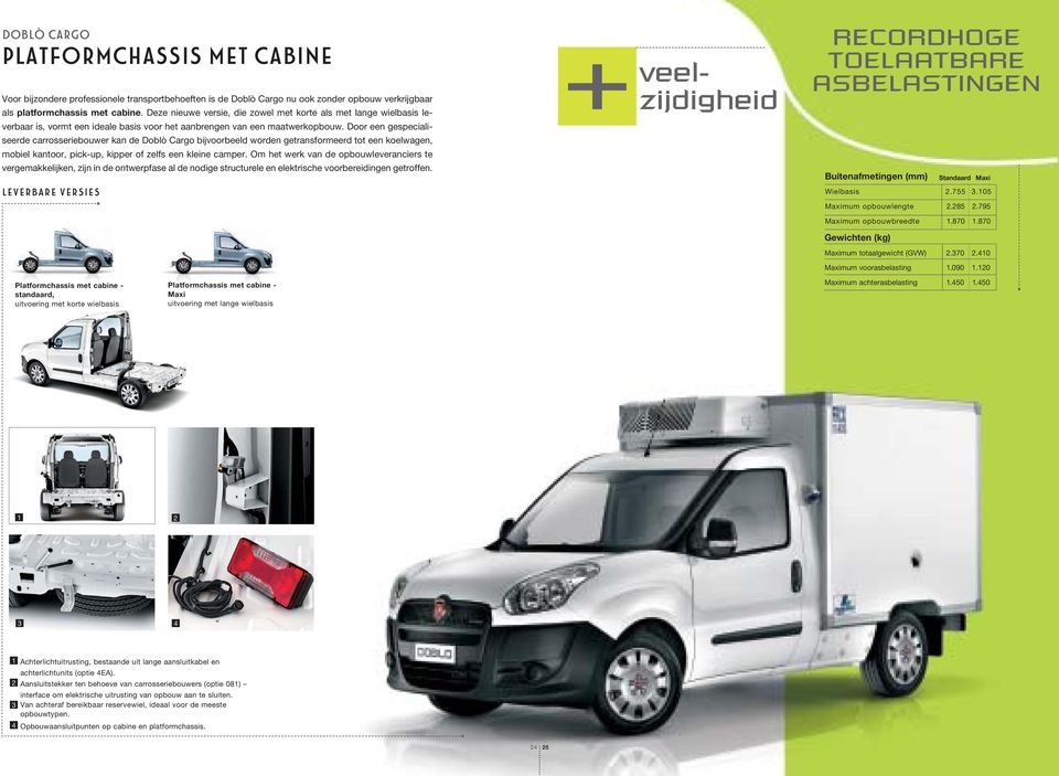 maatwerkopbouw. Door een gespecialiseerde carrosseriebouwer kan de Doblò Cargo bijvoorbeeld worden getransformeerd tot een koel wagen, mobiel kantoor, pick-up, kipper of zelfs een kleine camper.