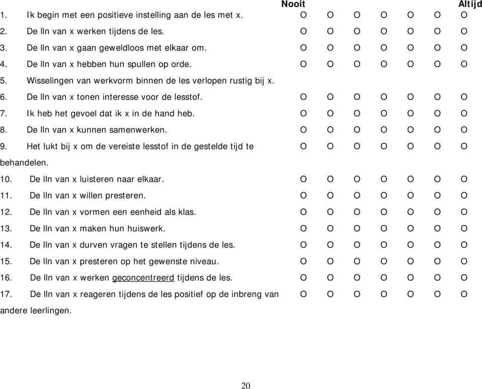 8. De lln van x kunnen samenwerken. 9. Het lukt bij x om de vereiste lesstof in de gestelde tijd te behandelen. 10. De lln van x luisteren naar elkaar. 11. De lln van x willen presteren. 12.