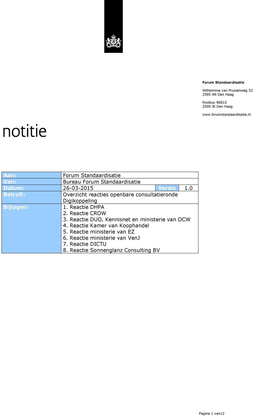 0 Betreft: Overzicht reacties openbare consultatieronde Digikoppeling Bijlagen: 1. Reactie DHPA 2. Reactie CROW 3.