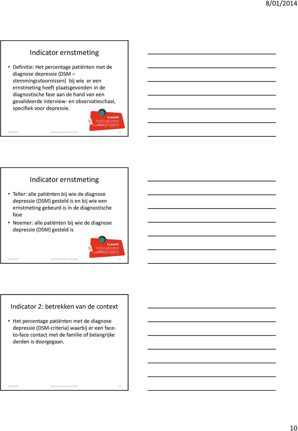 18/12/2013 Vlaams Indicatoren Project GGZ 28 Indicator ernstmeting alle patiënten bij wie de diagnose depressie (DSM) gesteld is en bij wie een ernstmeting gebeurd is in de diagnostische fase alle