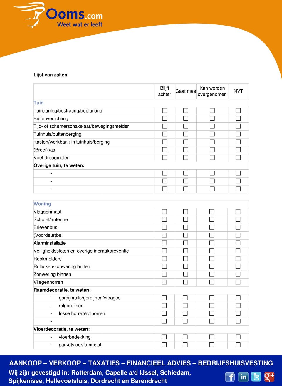 Brievenbus (Voordeur)bel Alarminstallatie Veiligheidssloten en overige inbraakpreventie Rookmelders Rolluiken/zonwering buiten Zonwering binnen