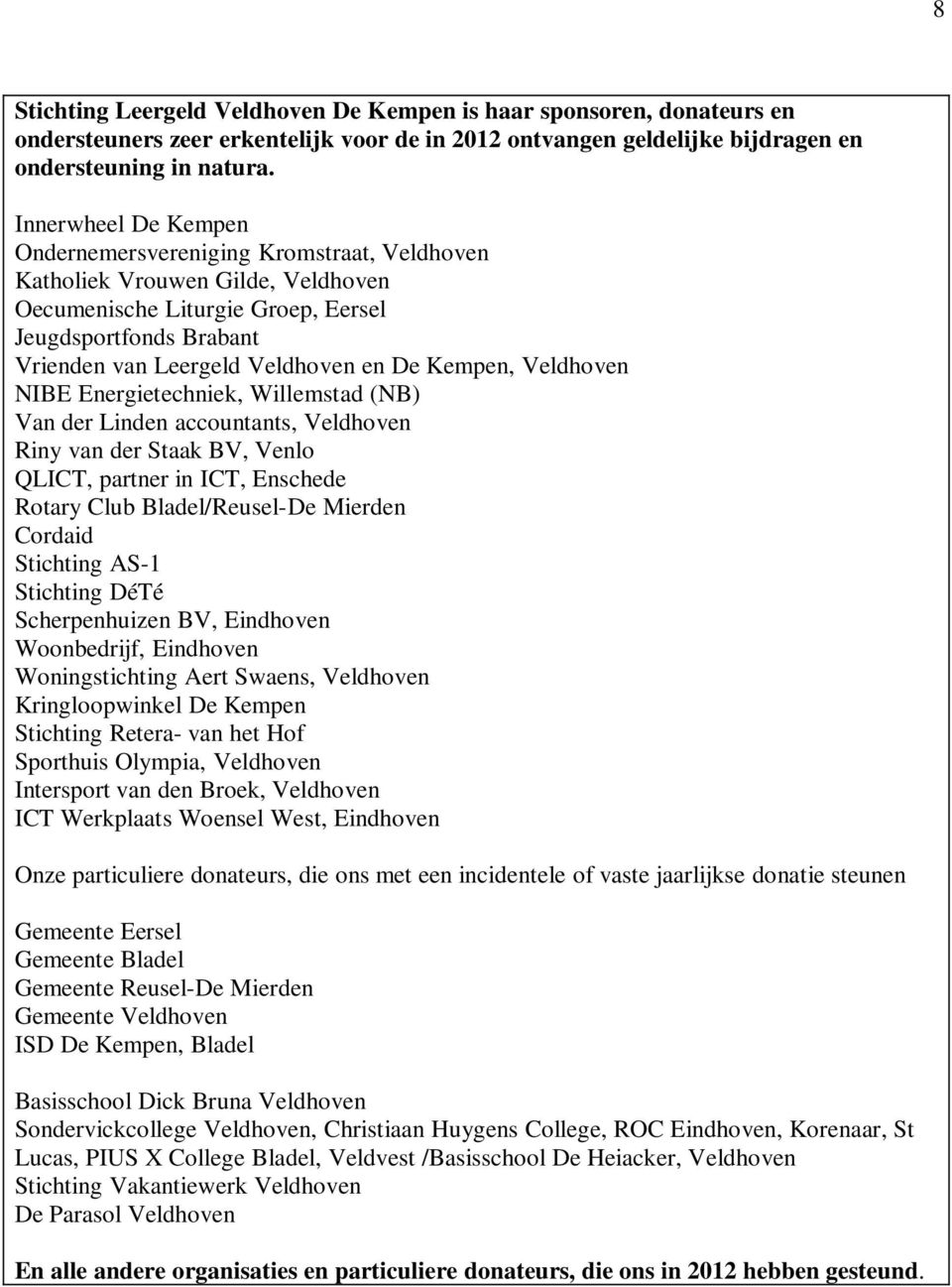 Kempen, Veldhoven NIBE Energietechniek, Willemstad (NB) Van der Linden accountants, Veldhoven Riny van der Staak BV, Venlo QLICT, partner in ICT, Enschede Rotary Club Bladel/Reusel-De Mierden Cordaid