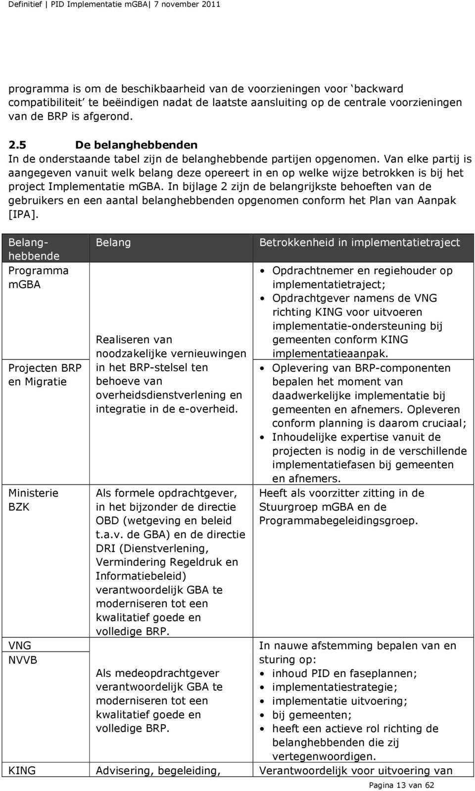 Van elke partij is aangegeven vanuit welk belang deze opereert in en op welke wijze betrokken is bij het project Implementatie mgba.